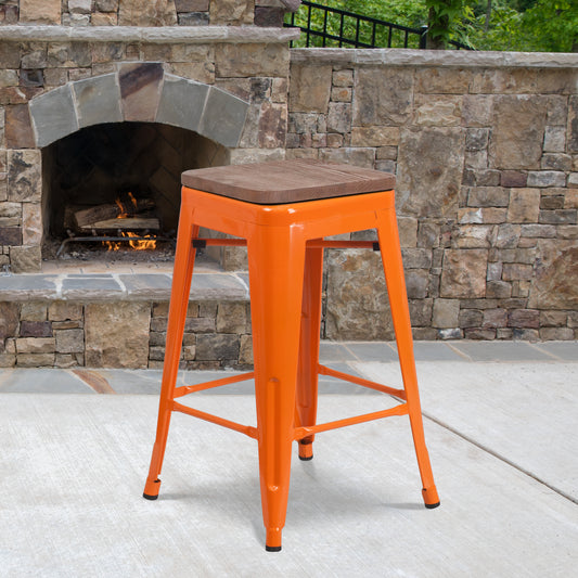 Lily 24" High Backless Orange Metal Counter Height Stool with Square Wood Seat Orange