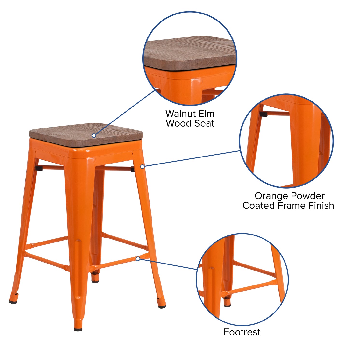 Lily 24" High Backless Orange Metal Counter Height Stool with Square Wood Seat Orange