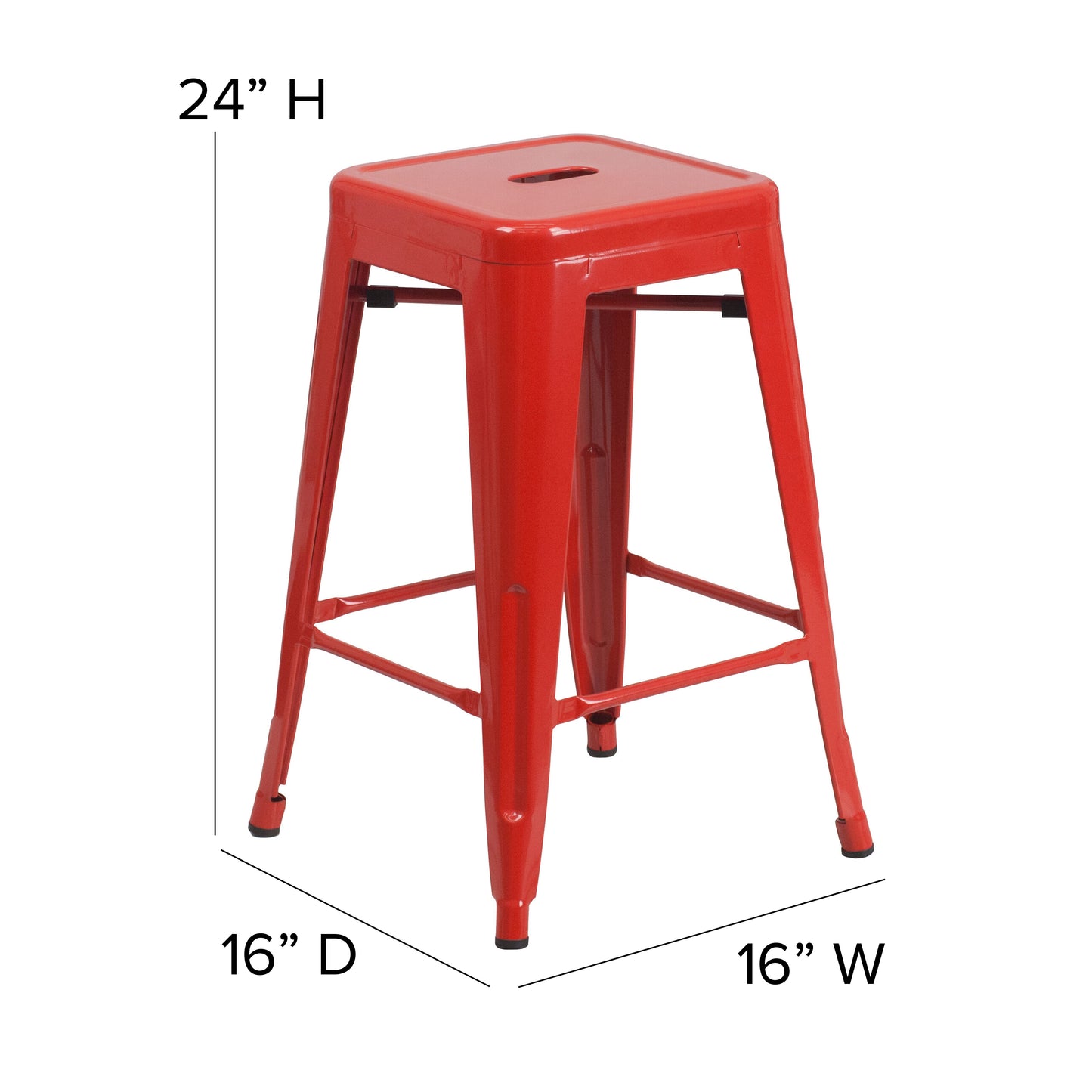 Kai Commercial Grade 24" High Backless Red Metal Indoor-Outdoor Counter Height Stool with Square Seat Red
