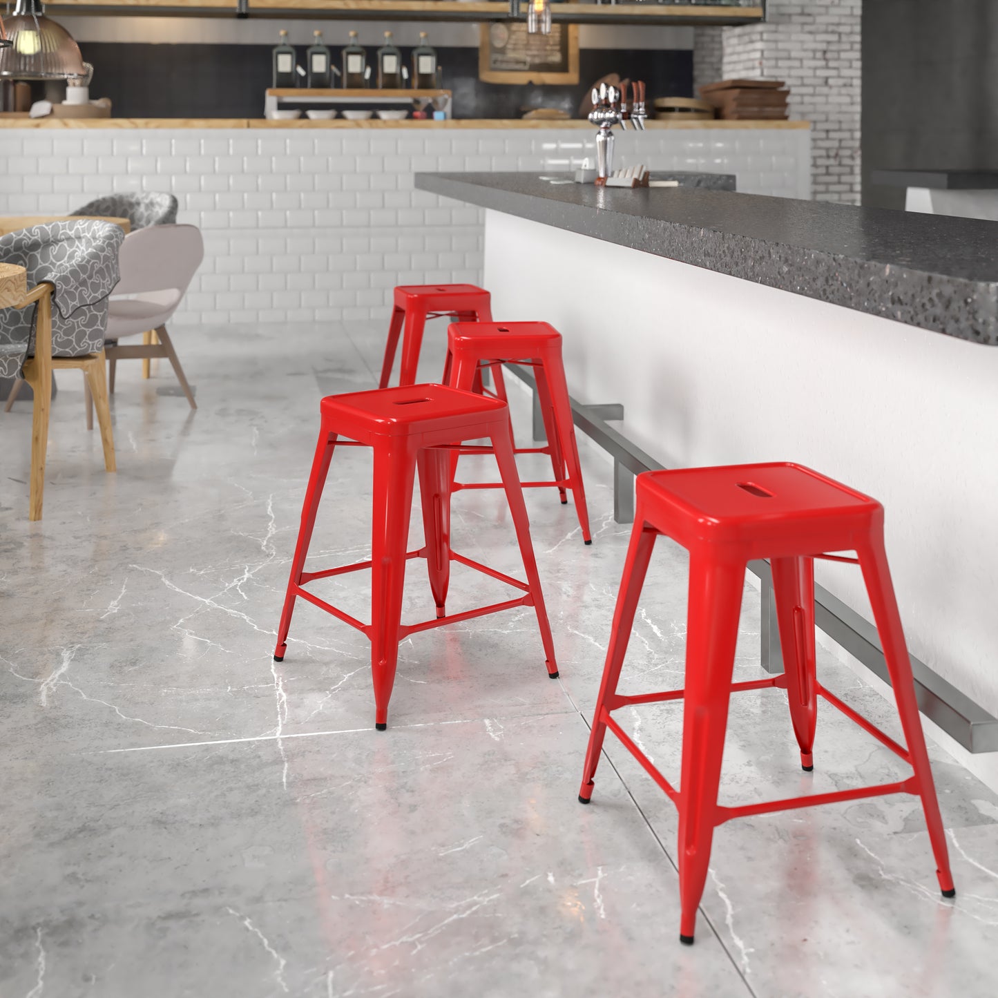 Kai Commercial Grade 24" High Backless Red Metal Indoor-Outdoor Counter Height Stool with Square Seat Red