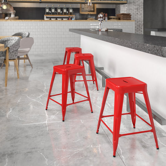 Kai Commercial Grade 24" High Backless Red Metal Indoor-Outdoor Counter Height Stool with Square Seat Red