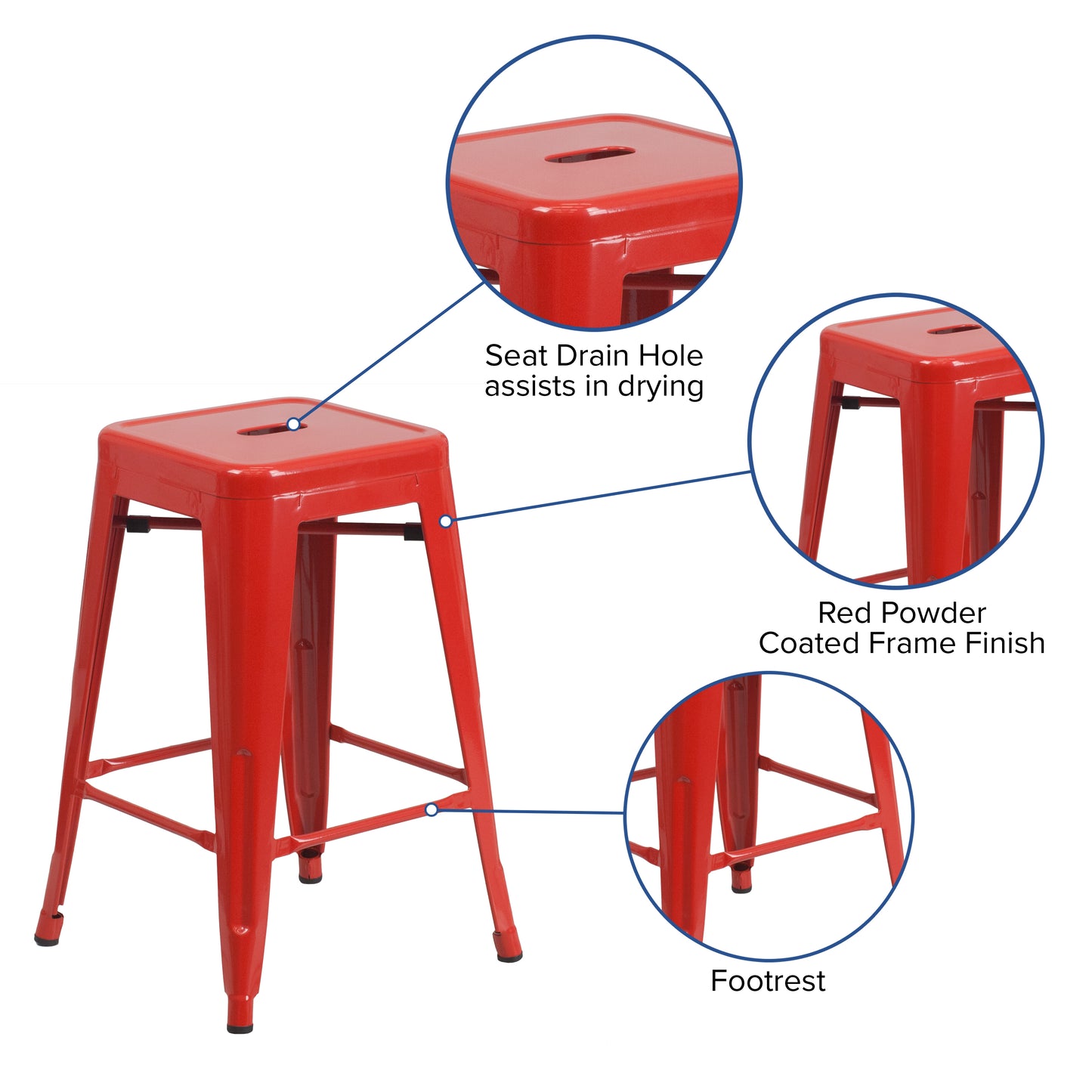 Kai Commercial Grade 24" High Backless Red Metal Indoor-Outdoor Counter Height Stool with Square Seat Red