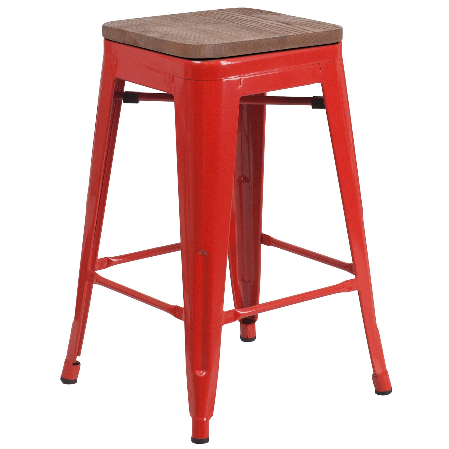 Lily 24" High Backless Red Metal Counter Height Stool with Square Wood Seat Red