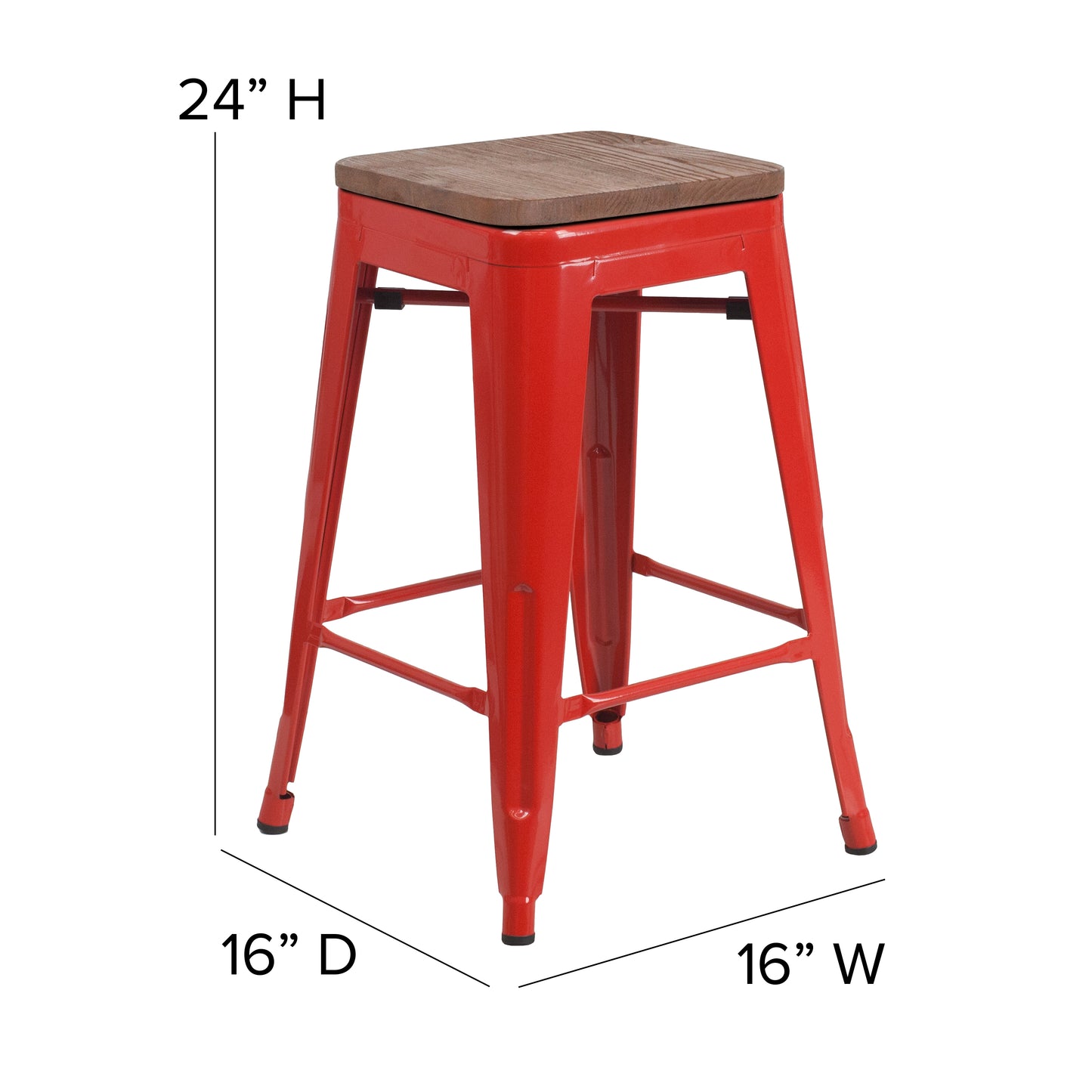 Lily 24" High Backless Red Metal Counter Height Stool with Square Wood Seat Red