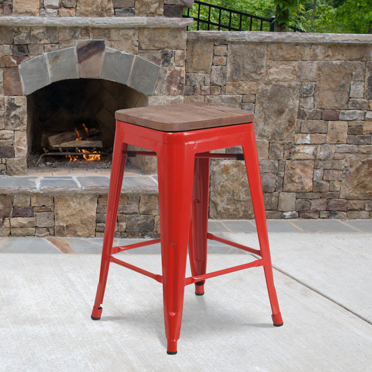 Lily 24" High Backless Red Metal Counter Height Stool with Square Wood Seat Red