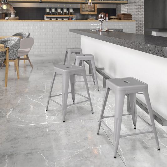 Kai Commercial Grade 24" High Backless Silver Metal Indoor-Outdoor Counter Height Stool with Square Seat Silver