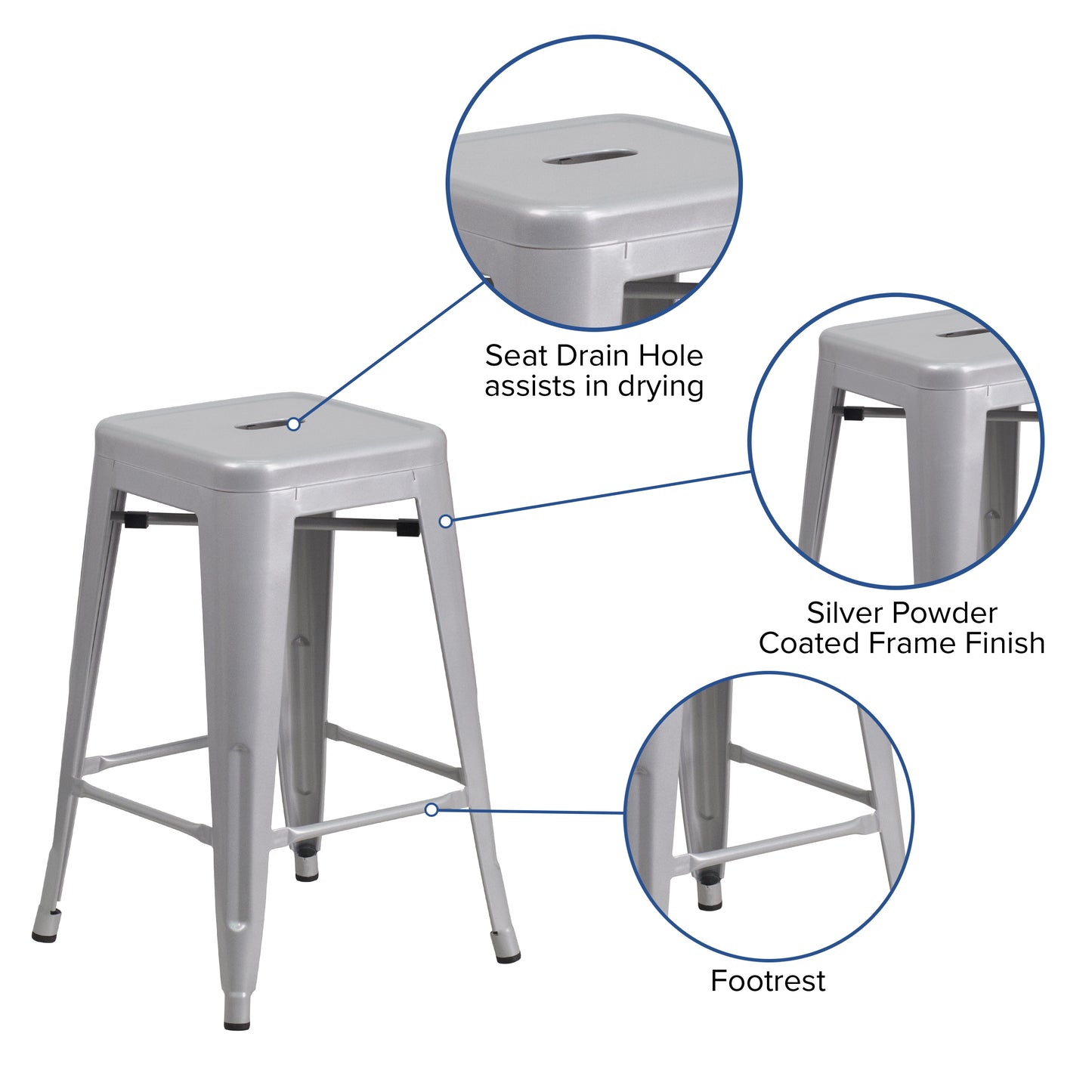 Kai Commercial Grade 24" High Backless Silver Metal Indoor-Outdoor Counter Height Stool with Square Seat Silver