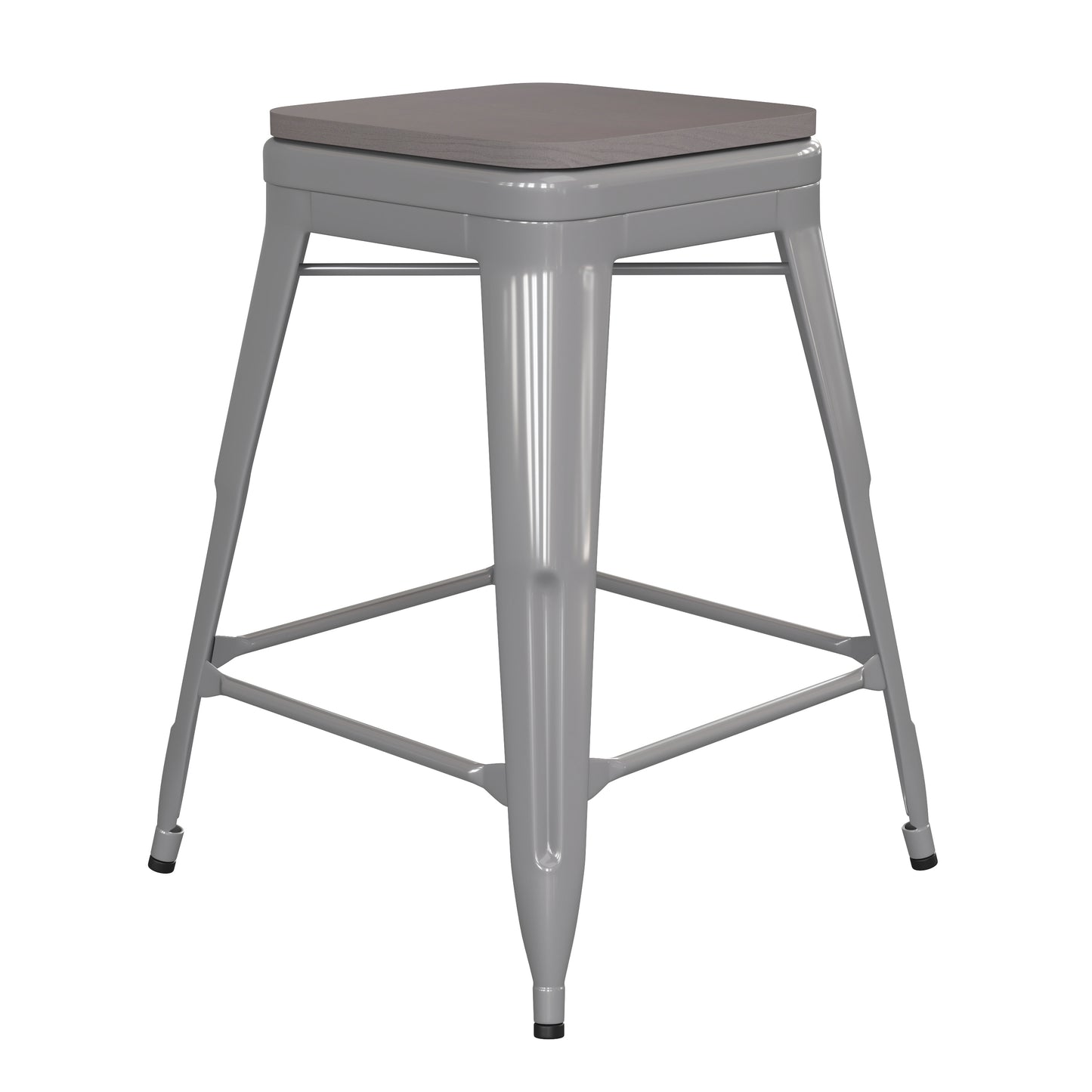 Kai Commercial Grade 24" High Backless Silver Metal Indoor-Outdoor Counter Height Stool with Gray Poly Resin Wood Seat Gray Seat/Silver Frame
