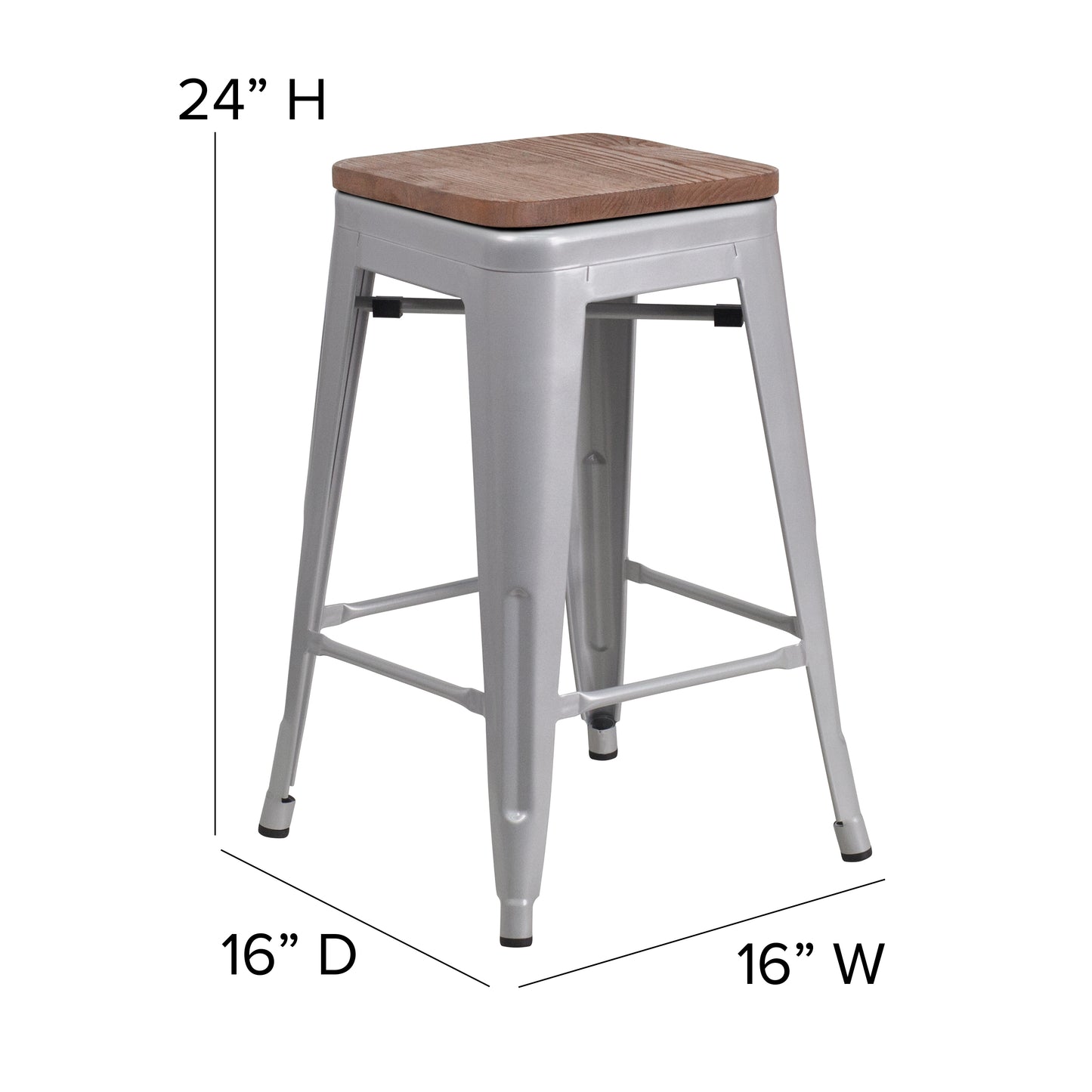 Kai Commercial Grade 24" High Backless Silver Metal Indoor-Outdoor Counter Height Stool with Gray Poly Resin Wood Seat Gray Seat/Silver Frame