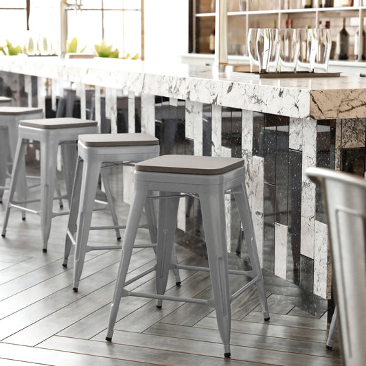 Kai Commercial Grade 24" High Backless Silver Metal Indoor-Outdoor Counter Height Stool with Gray Poly Resin Wood Seat Gray Seat/Silver Frame