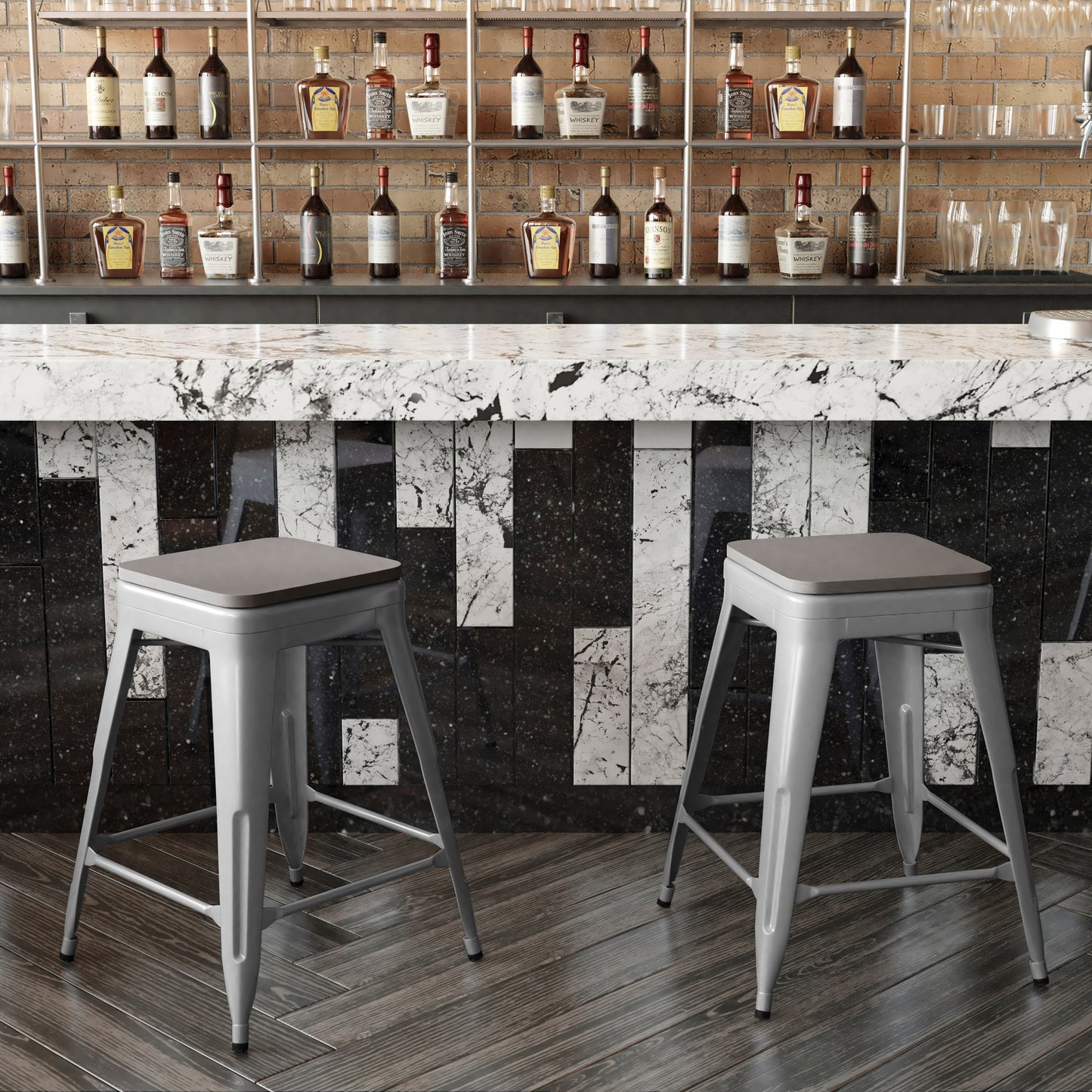 Kai Commercial Grade 24" High Backless Silver Metal Indoor-Outdoor Counter Height Stool with Gray Poly Resin Wood Seat Gray Seat/Silver Frame