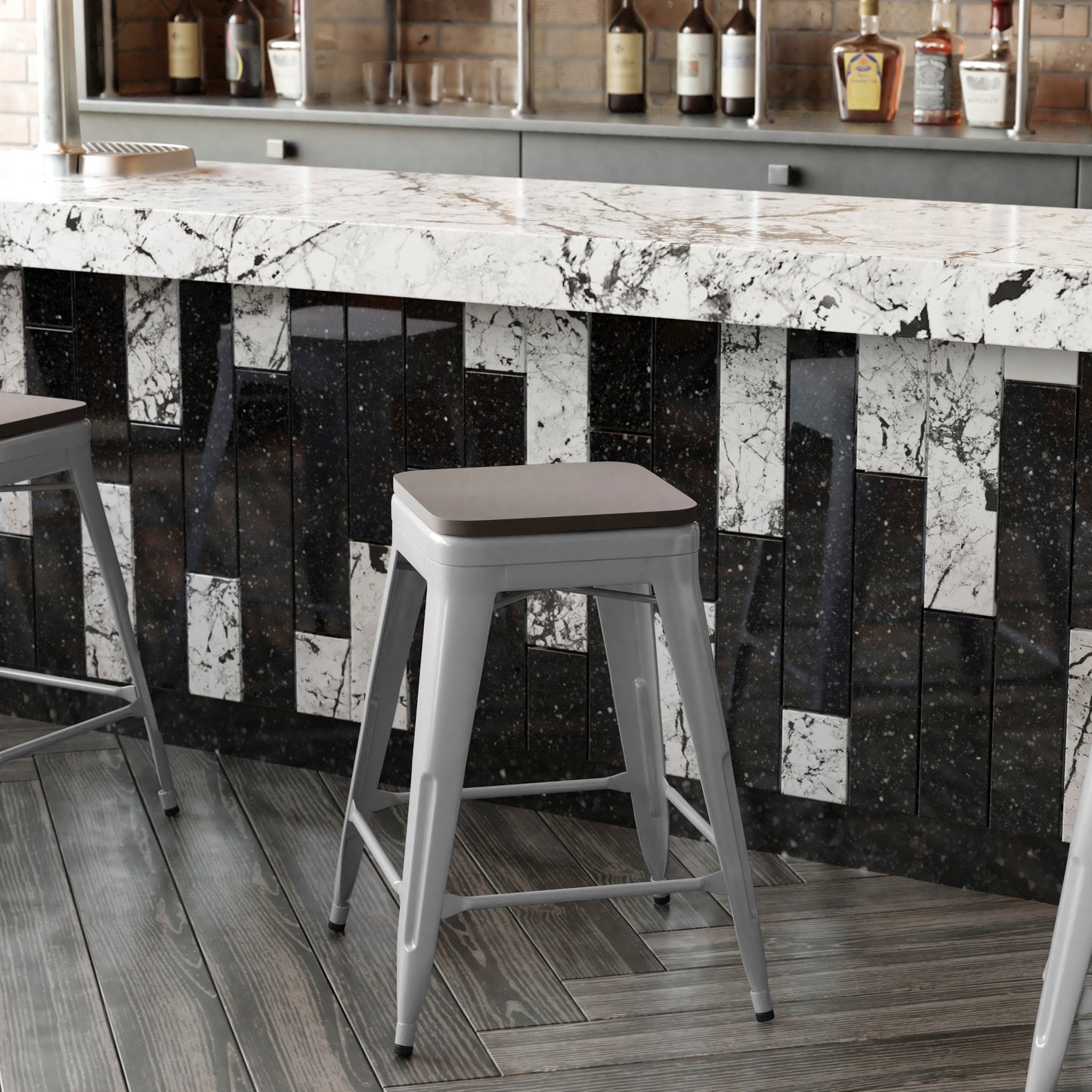 Kai Commercial Grade 24" High Backless Silver Metal Indoor-Outdoor Counter Height Stool with Gray Poly Resin Wood Seat Gray Seat/Silver Frame