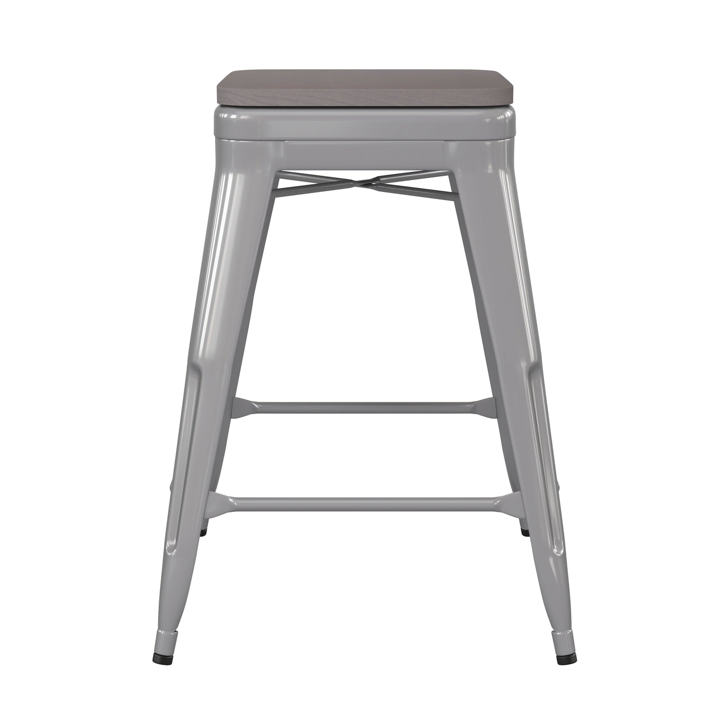 Kai Commercial Grade 24" High Backless Silver Metal Indoor-Outdoor Counter Height Stool with Gray Poly Resin Wood Seat Gray Seat/Silver Frame