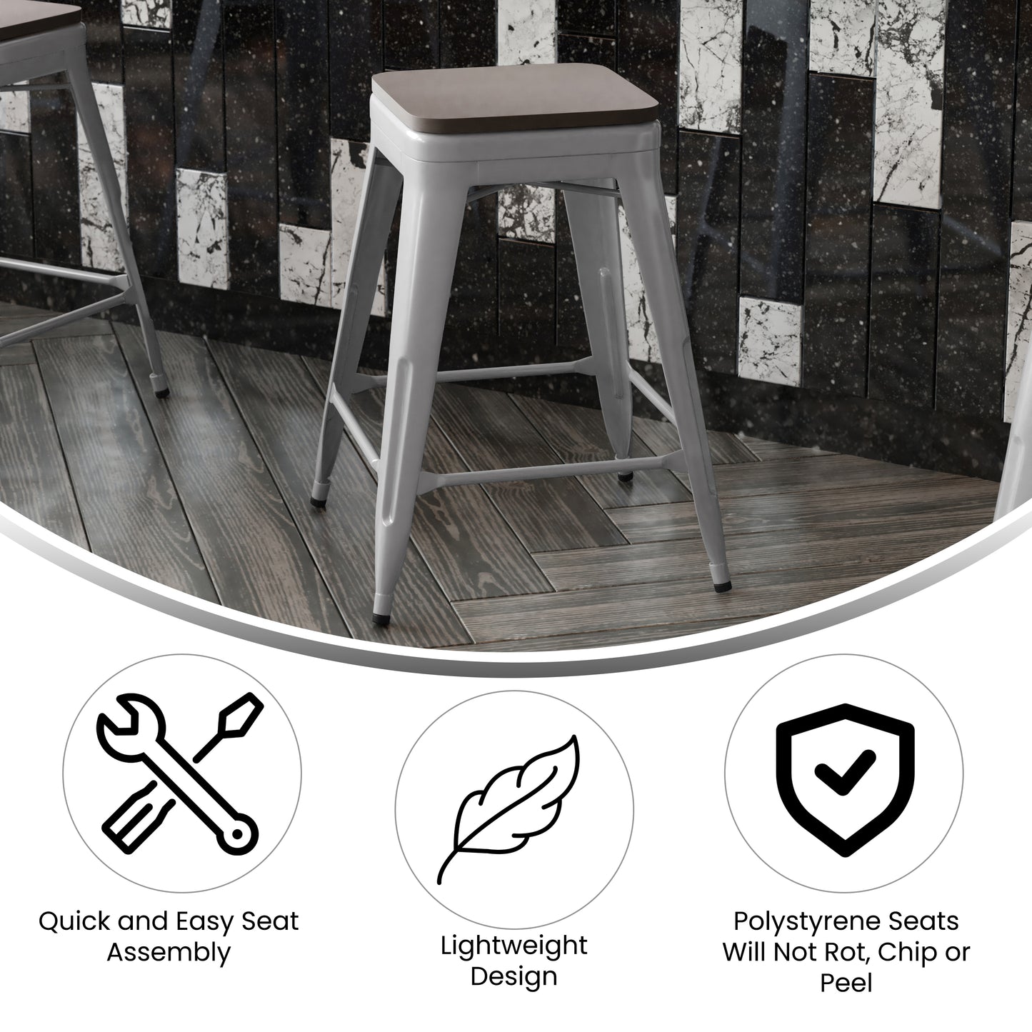 Kai Commercial Grade 24" High Backless Silver Metal Indoor-Outdoor Counter Height Stool with Gray Poly Resin Wood Seat Gray Seat/Silver Frame