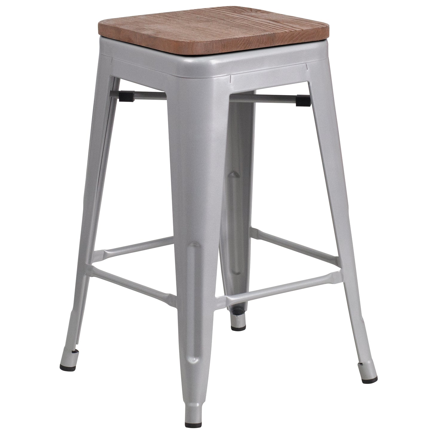 Lily 24" High Backless Silver Metal Counter Height Stool with Square Wood Seat Silver