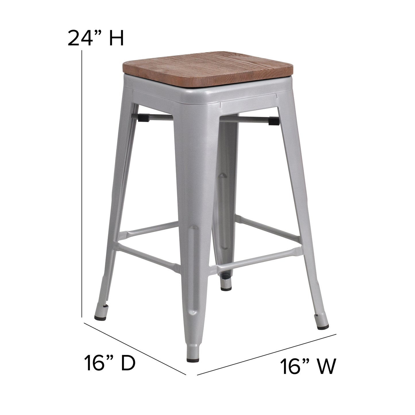 Lily 24" High Backless Silver Metal Counter Height Stool with Square Wood Seat Silver
