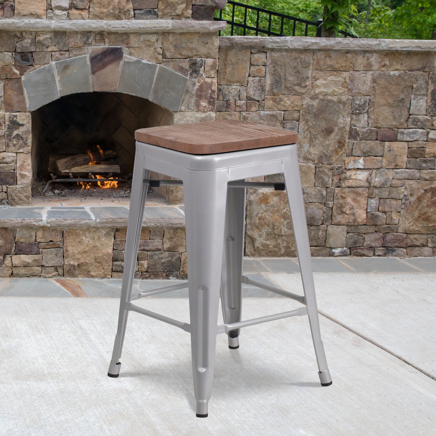 Lily 24" High Backless Silver Metal Counter Height Stool with Square Wood Seat Silver