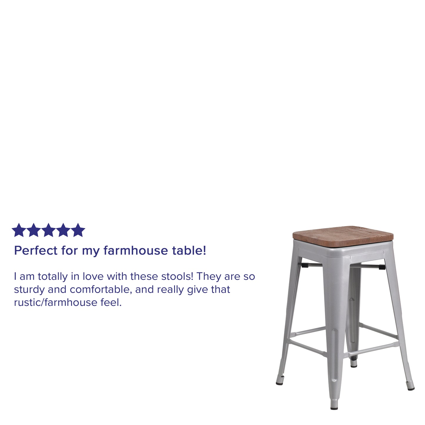 Lily 24" High Backless Silver Metal Counter Height Stool with Square Wood Seat Silver