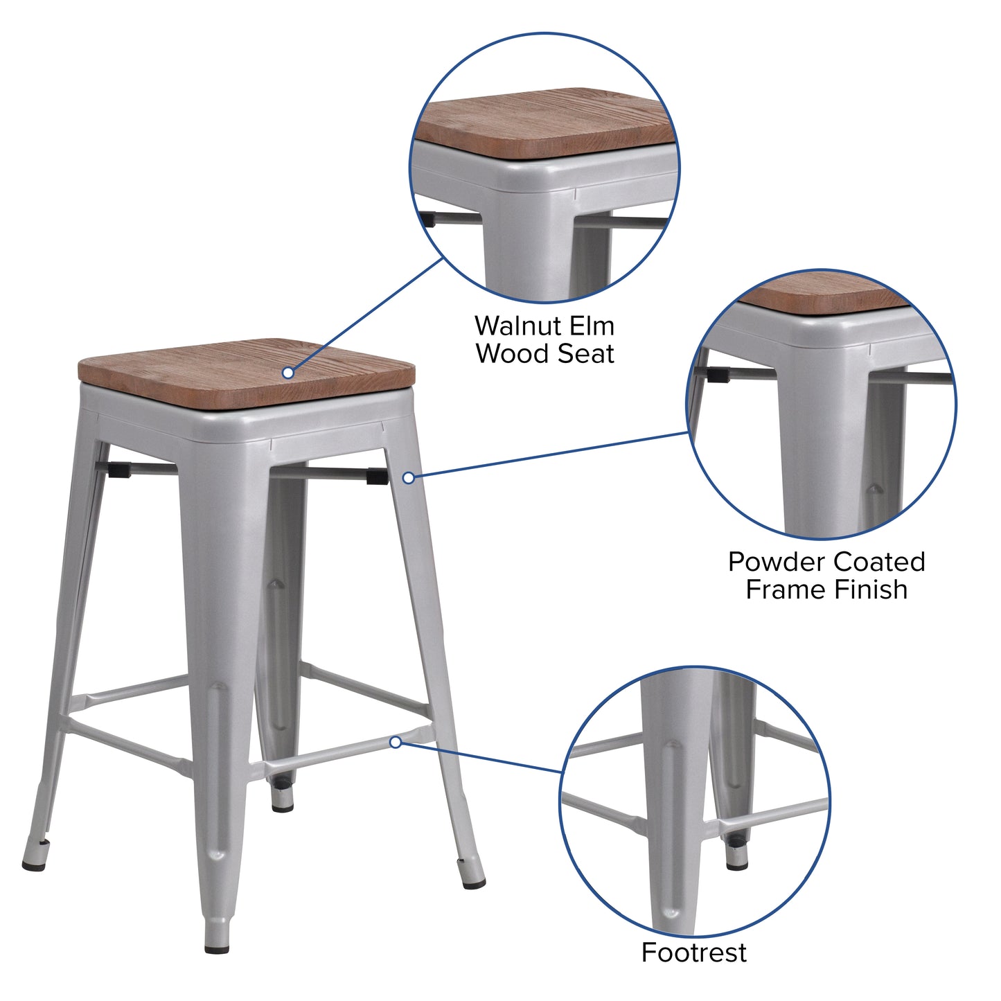 Lily 24" High Backless Silver Metal Counter Height Stool with Square Wood Seat Silver