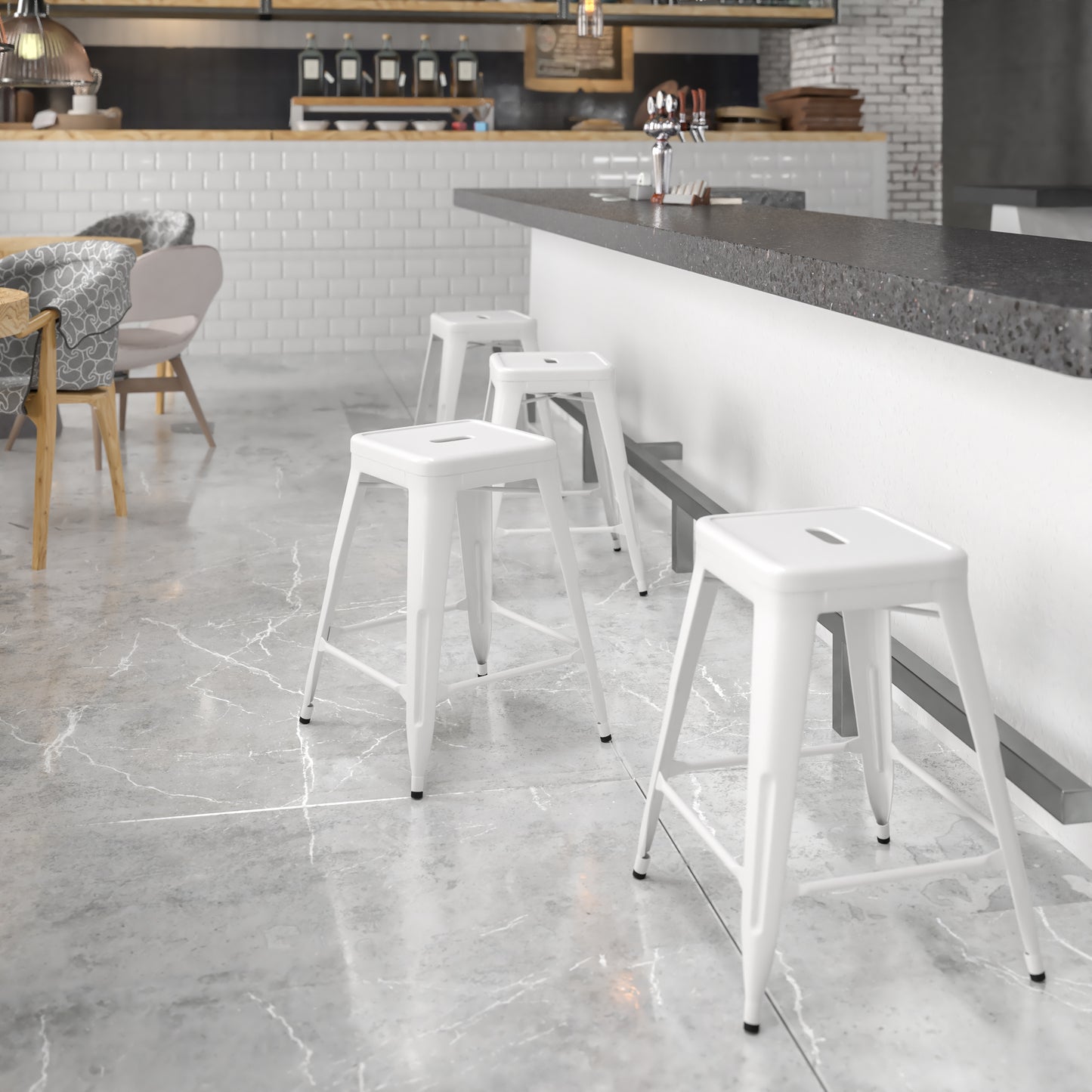 Kai Commercial Grade 24" High Backless White Metal Indoor-Outdoor Counter Height Stool with Square Seat White