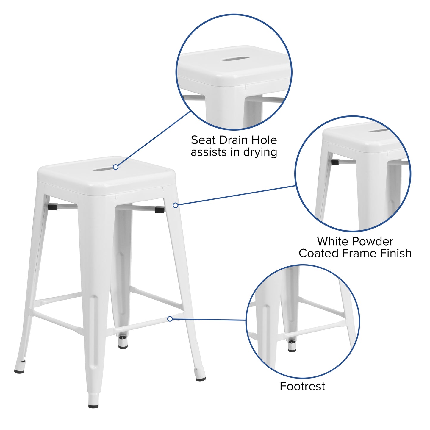 Kai Commercial Grade 24" High Backless White Metal Indoor-Outdoor Counter Height Stool with Square Seat White
