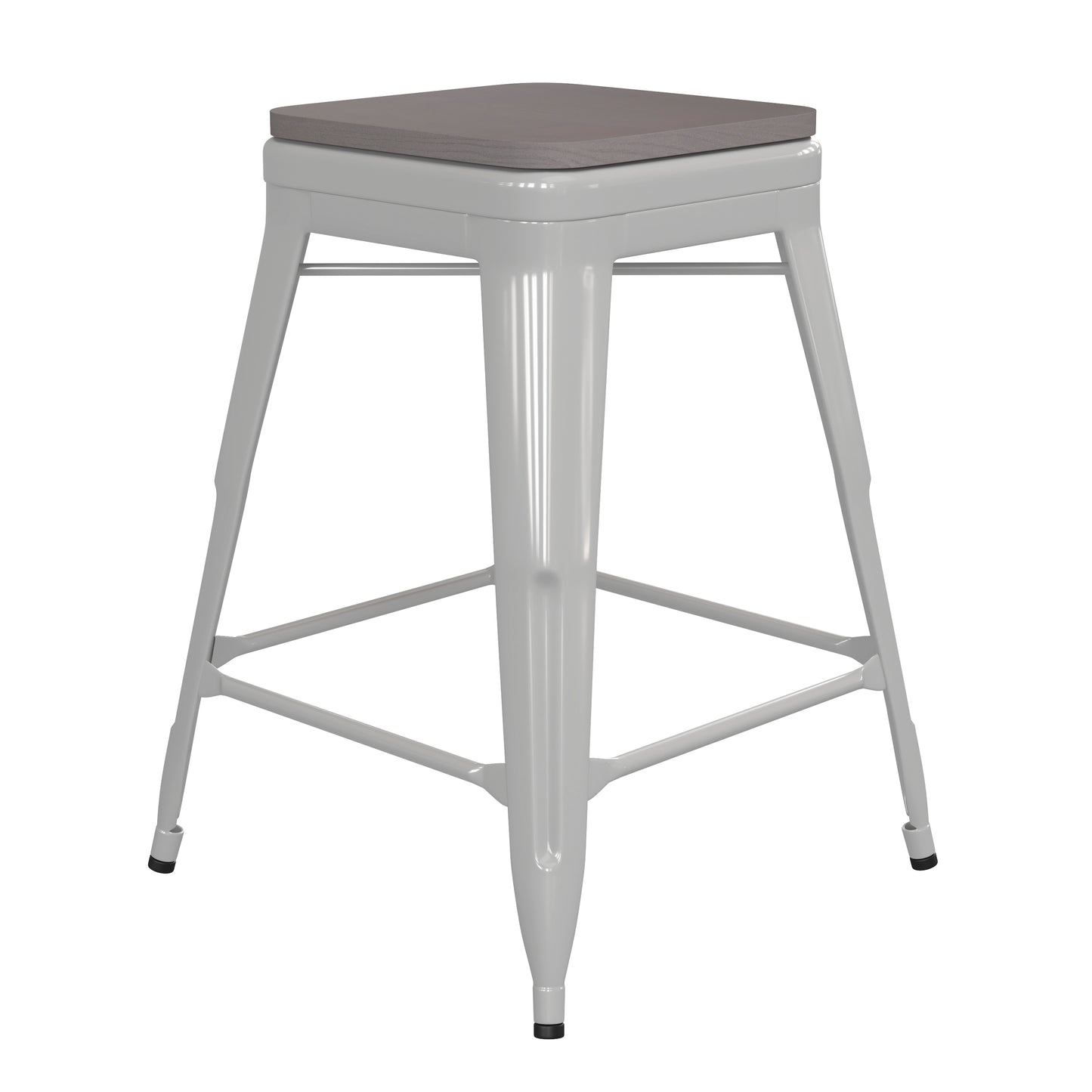 Kai Commercial Grade 24" High Backless White Metal Indoor-Outdoor Counter Height Stool with Gray Poly Resin Wood Seat Gray Seat/White Frame