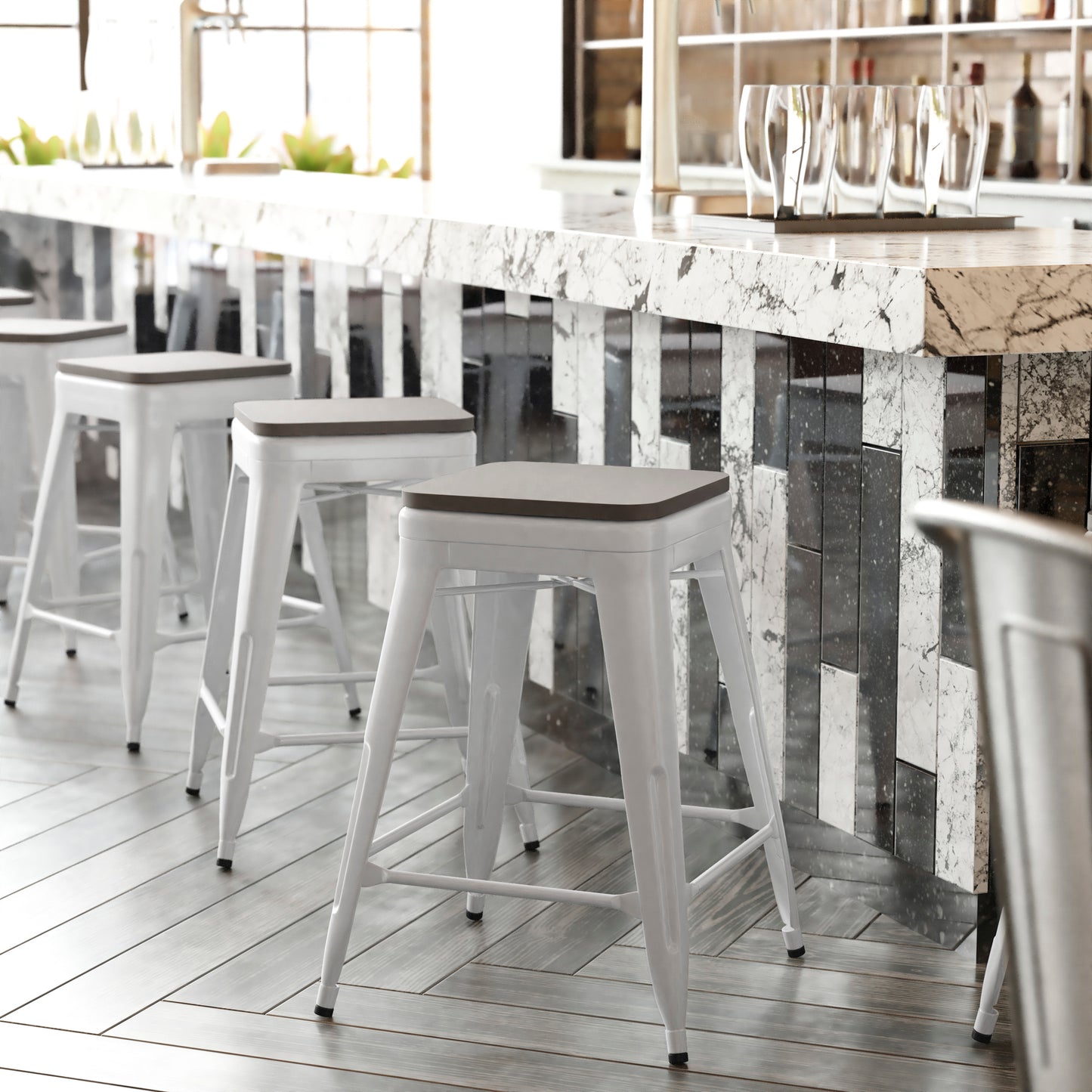 Kai Commercial Grade 24" High Backless White Metal Indoor-Outdoor Counter Height Stool with Gray Poly Resin Wood Seat Gray Seat/White Frame