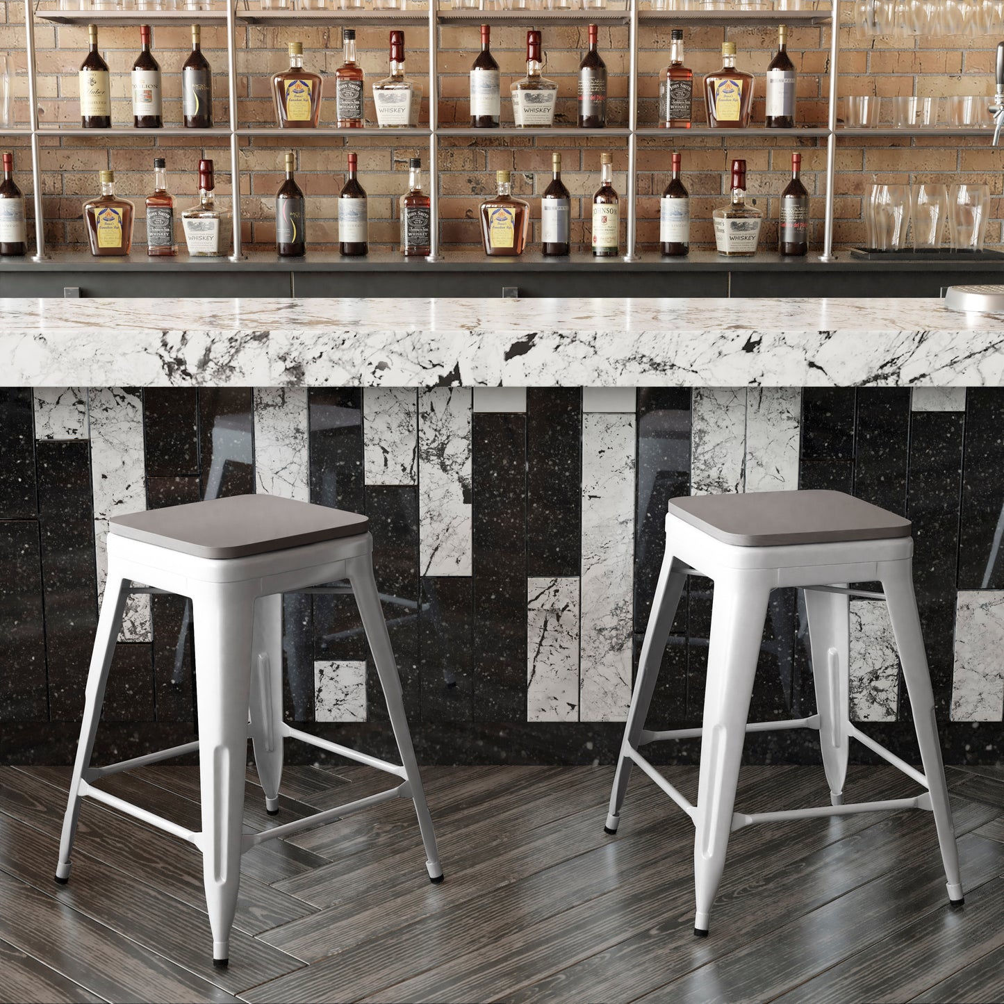 Kai Commercial Grade 24" High Backless White Metal Indoor-Outdoor Counter Height Stool with Gray Poly Resin Wood Seat Gray Seat/White Frame