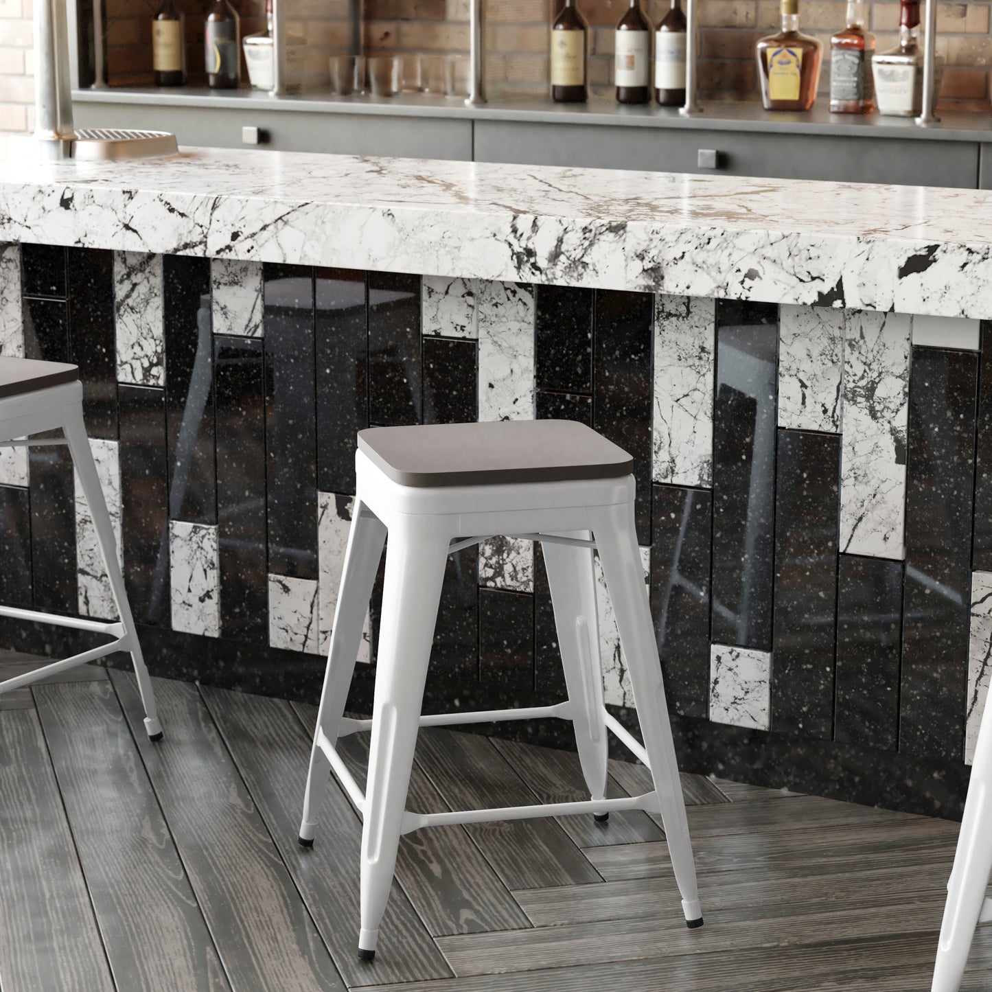 Kai Commercial Grade 24" High Backless White Metal Indoor-Outdoor Counter Height Stool with Gray Poly Resin Wood Seat Gray Seat/White Frame