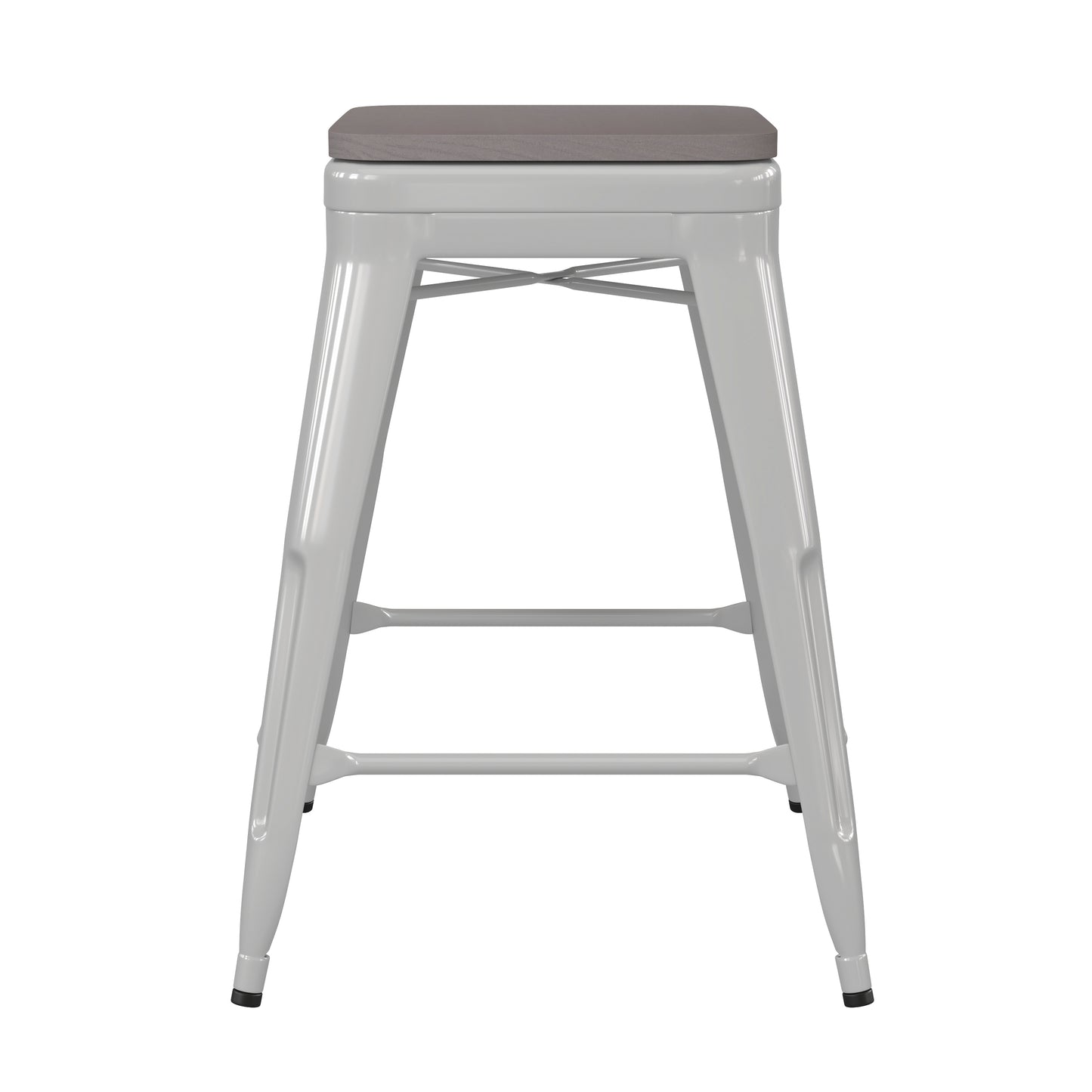 Kai Commercial Grade 24" High Backless White Metal Indoor-Outdoor Counter Height Stool with Gray Poly Resin Wood Seat Gray Seat/White Frame
