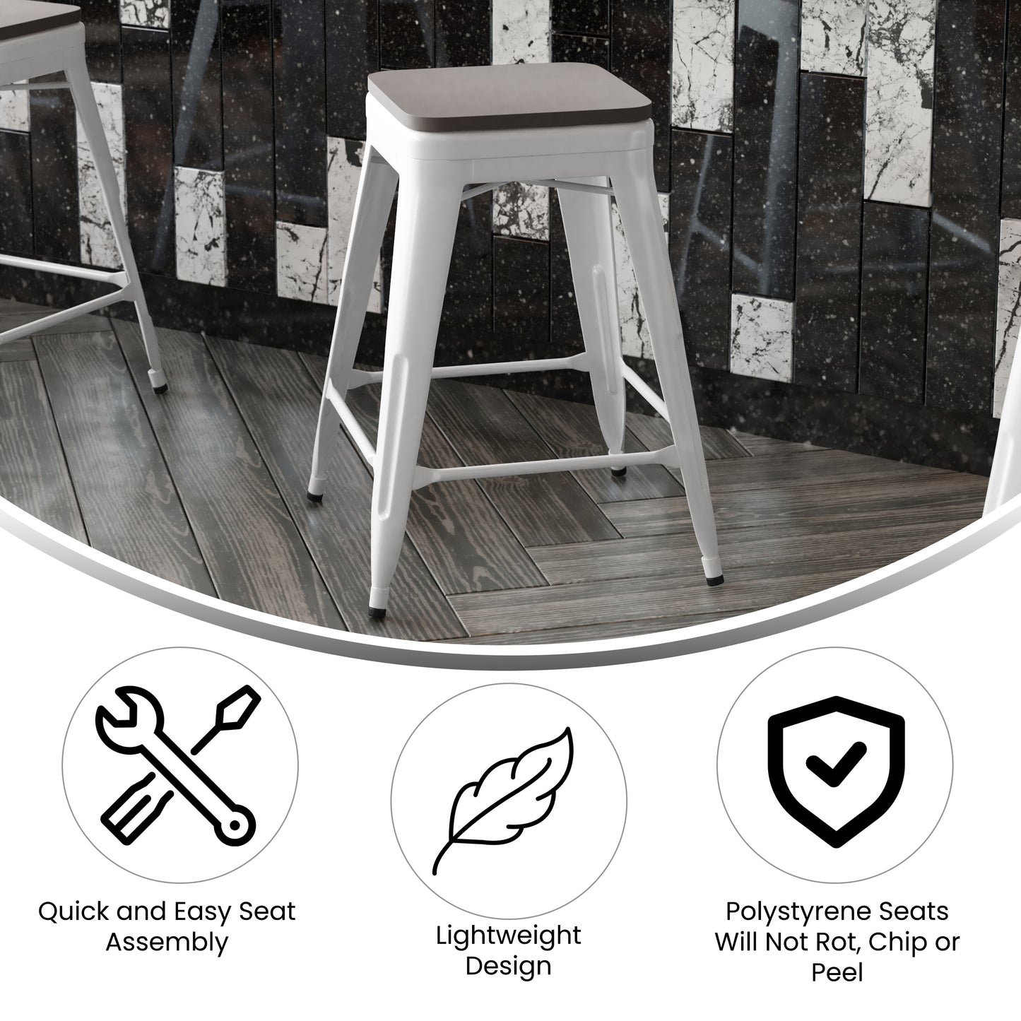 Kai Commercial Grade 24" High Backless White Metal Indoor-Outdoor Counter Height Stool with Gray Poly Resin Wood Seat Gray Seat/White Frame