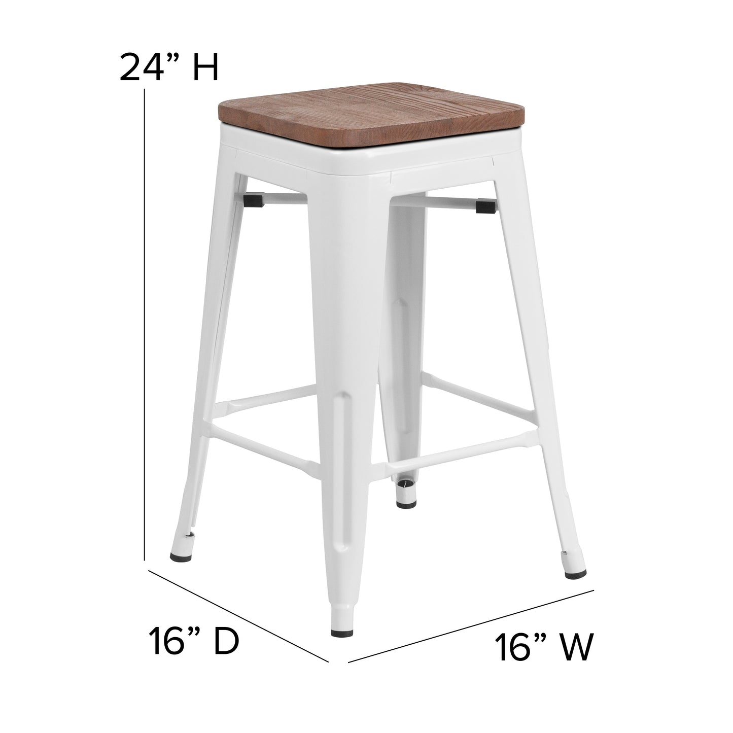Lily 24" High Backless White Metal Counter Height Stool with Square Wood Seat White