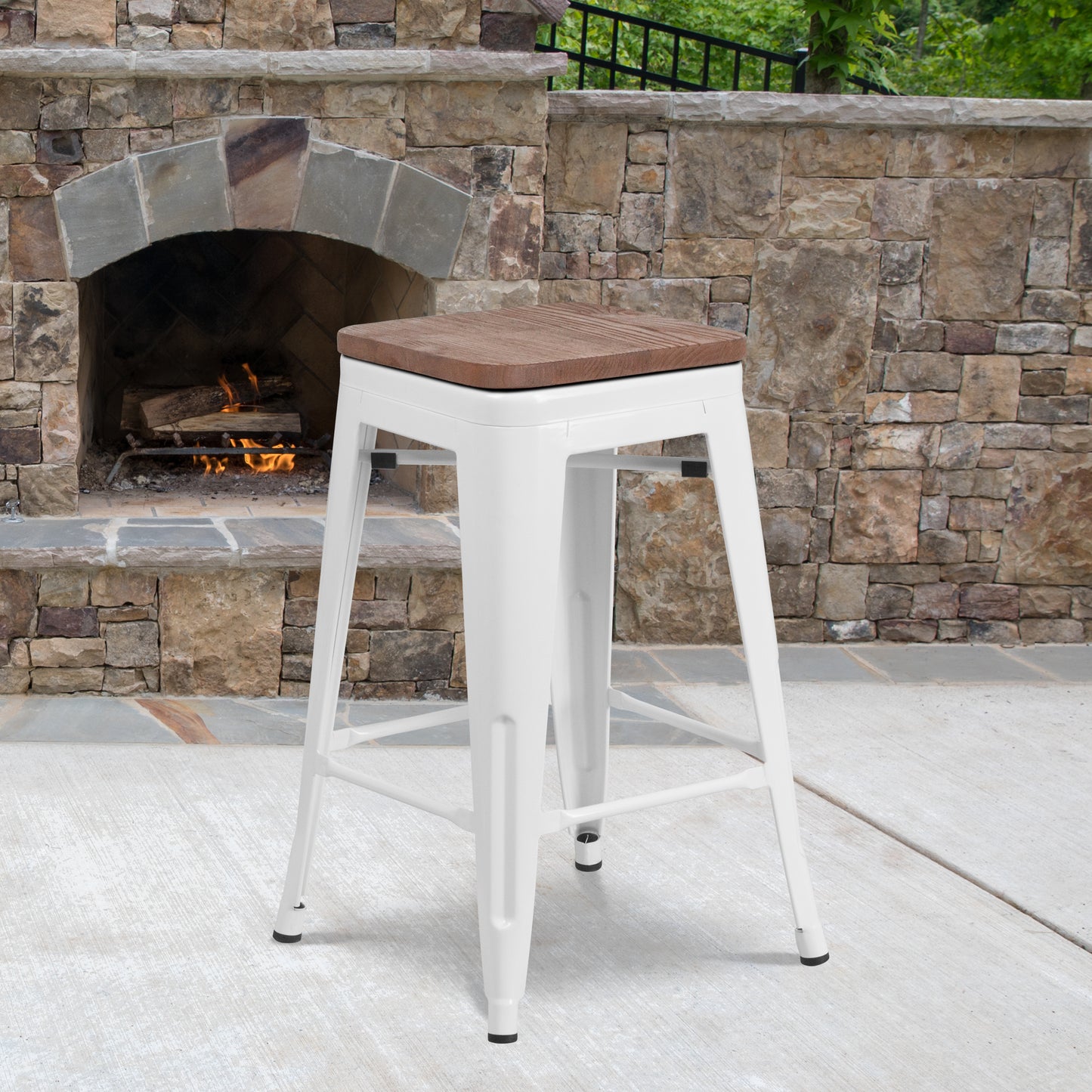 Lily 24" High Backless White Metal Counter Height Stool with Square Wood Seat White