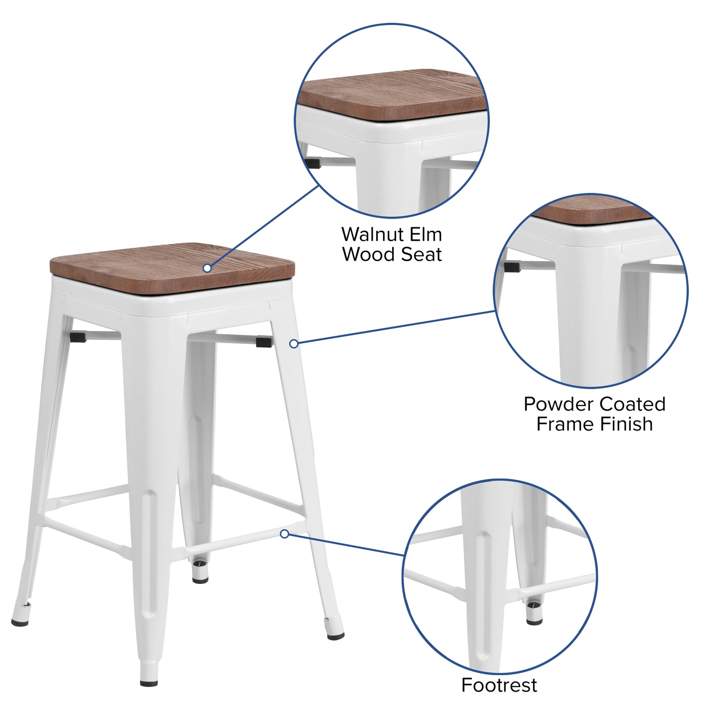 Lily 24" High Backless White Metal Counter Height Stool with Square Wood Seat White