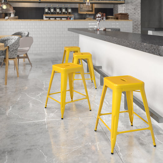 Kai Commercial Grade 24" High Backless Yellow Metal Indoor-Outdoor Counter Height Stool with Square Seat Yellow