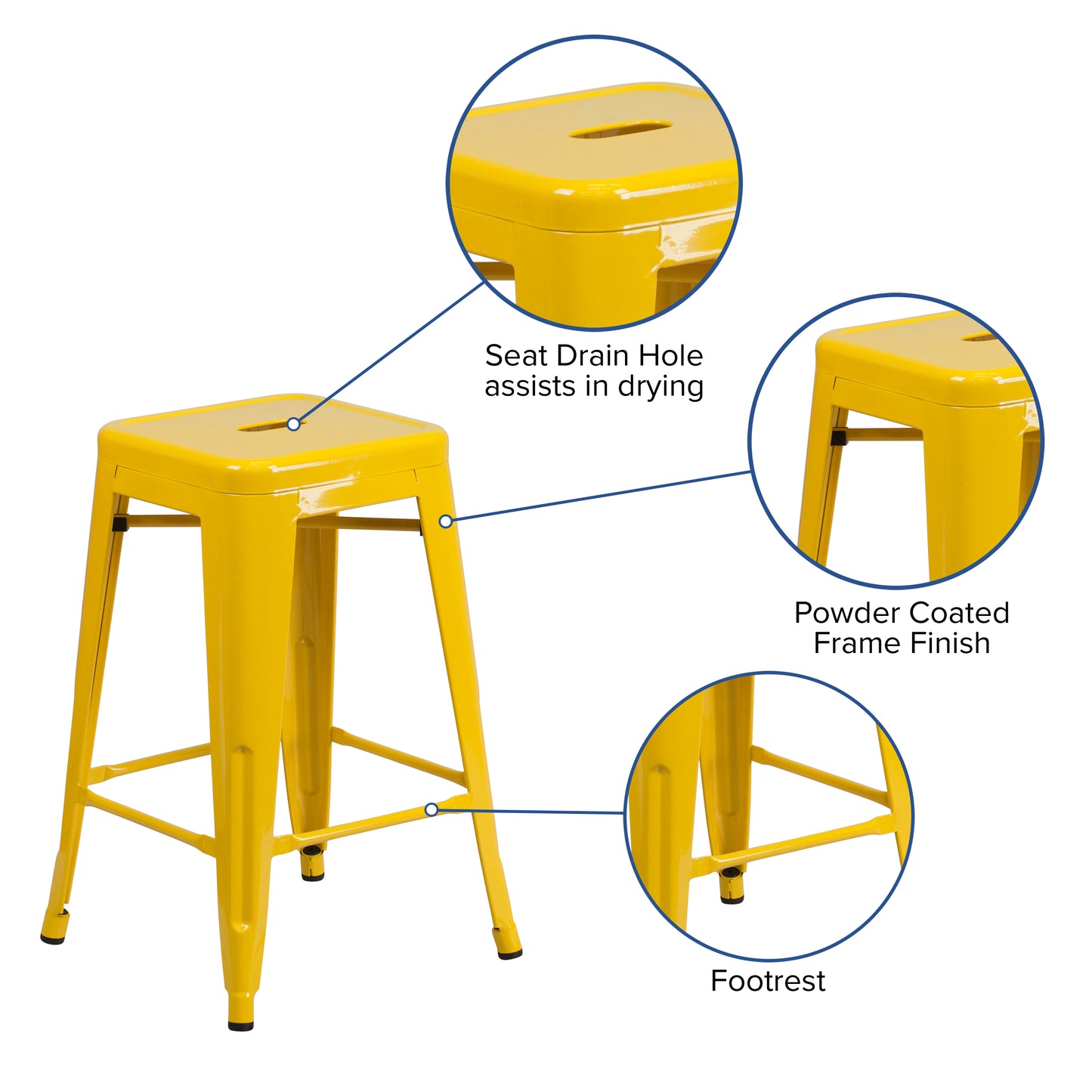 Kai Commercial Grade 24" High Backless Yellow Metal Indoor-Outdoor Counter Height Stool with Square Seat Yellow