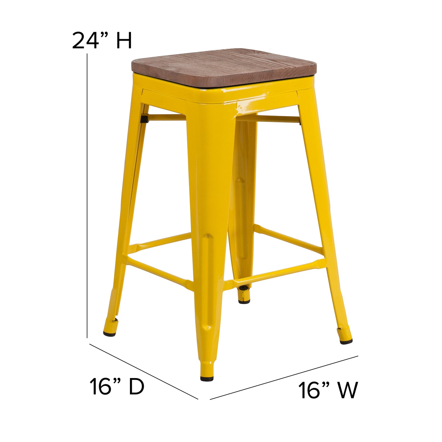 Lily 24" High Backless Yellow Metal Counter Height Stool with Square Wood Seat Yellow