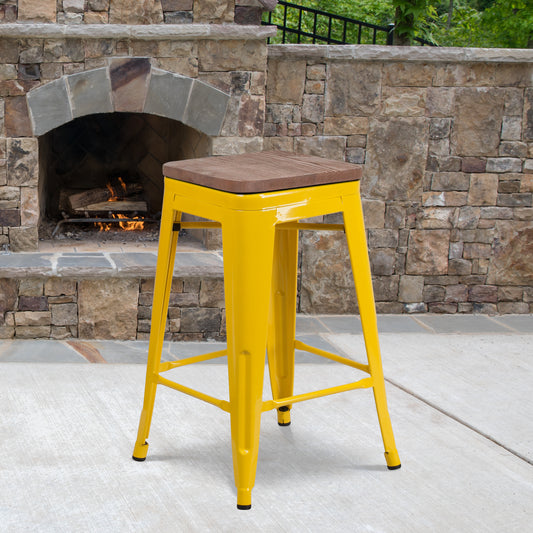 Lily 24" High Backless Yellow Metal Counter Height Stool with Square Wood Seat Yellow