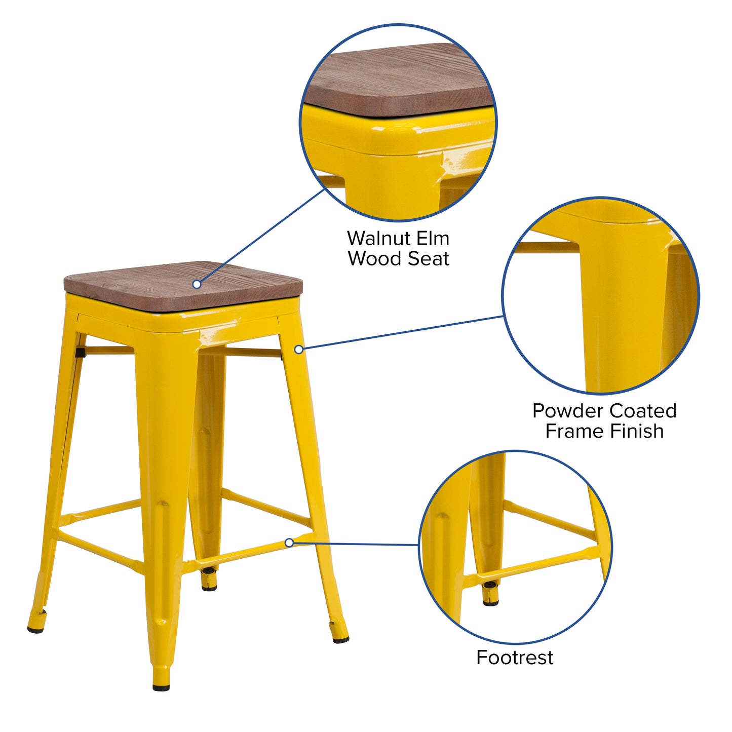 Lily 24" High Backless Yellow Metal Counter Height Stool with Square Wood Seat Yellow