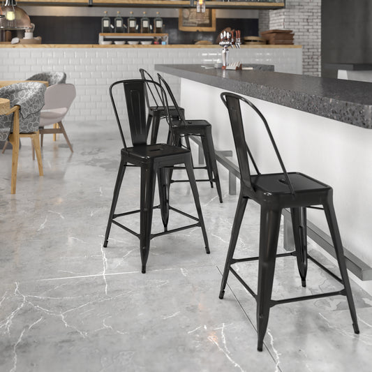 Kai Commercial Grade 24" High Black Metal Indoor-Outdoor Counter Height Stool with Removable Back Black