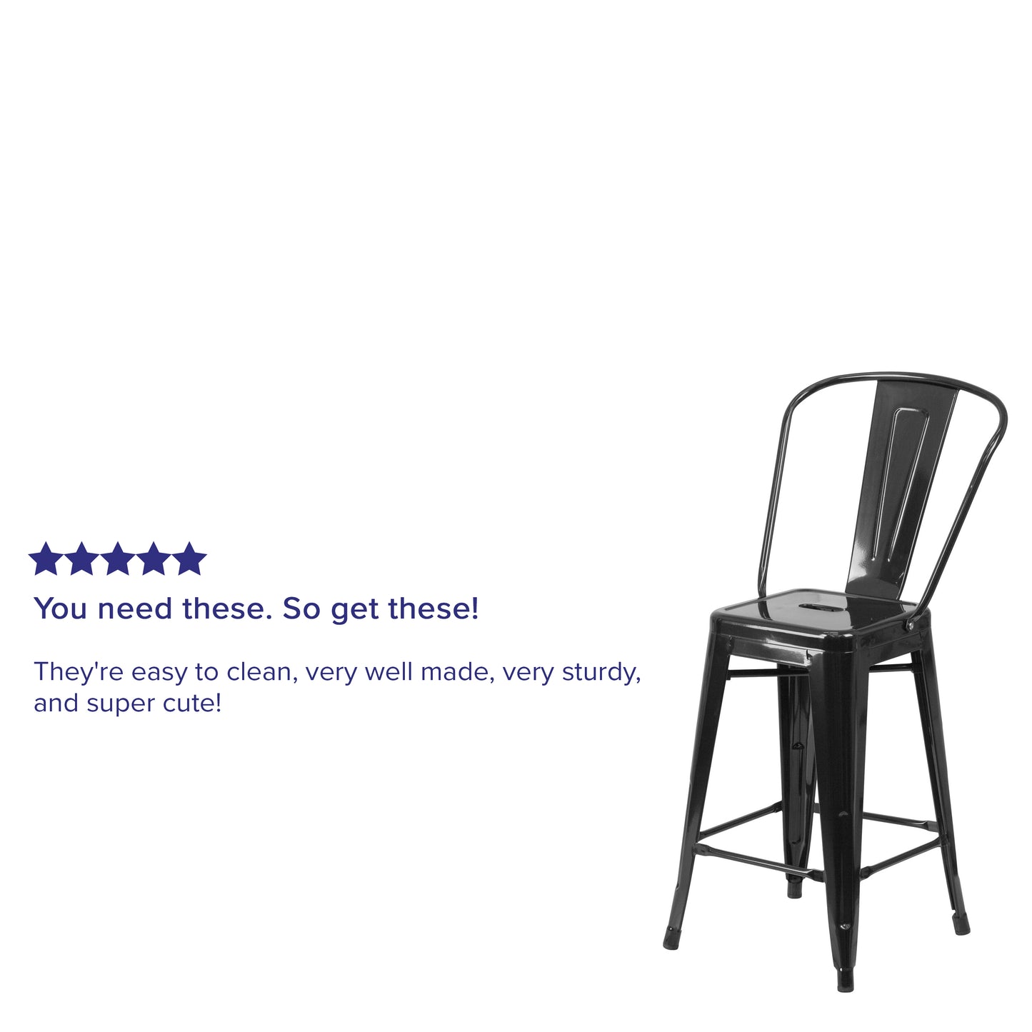 Kai Commercial Grade 24" High Black Metal Indoor-Outdoor Counter Height Stool with Removable Back Black