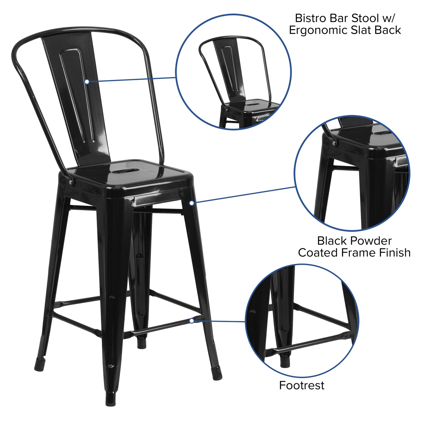 Kai Commercial Grade 24" High Black Metal Indoor-Outdoor Counter Height Stool with Removable Back Black