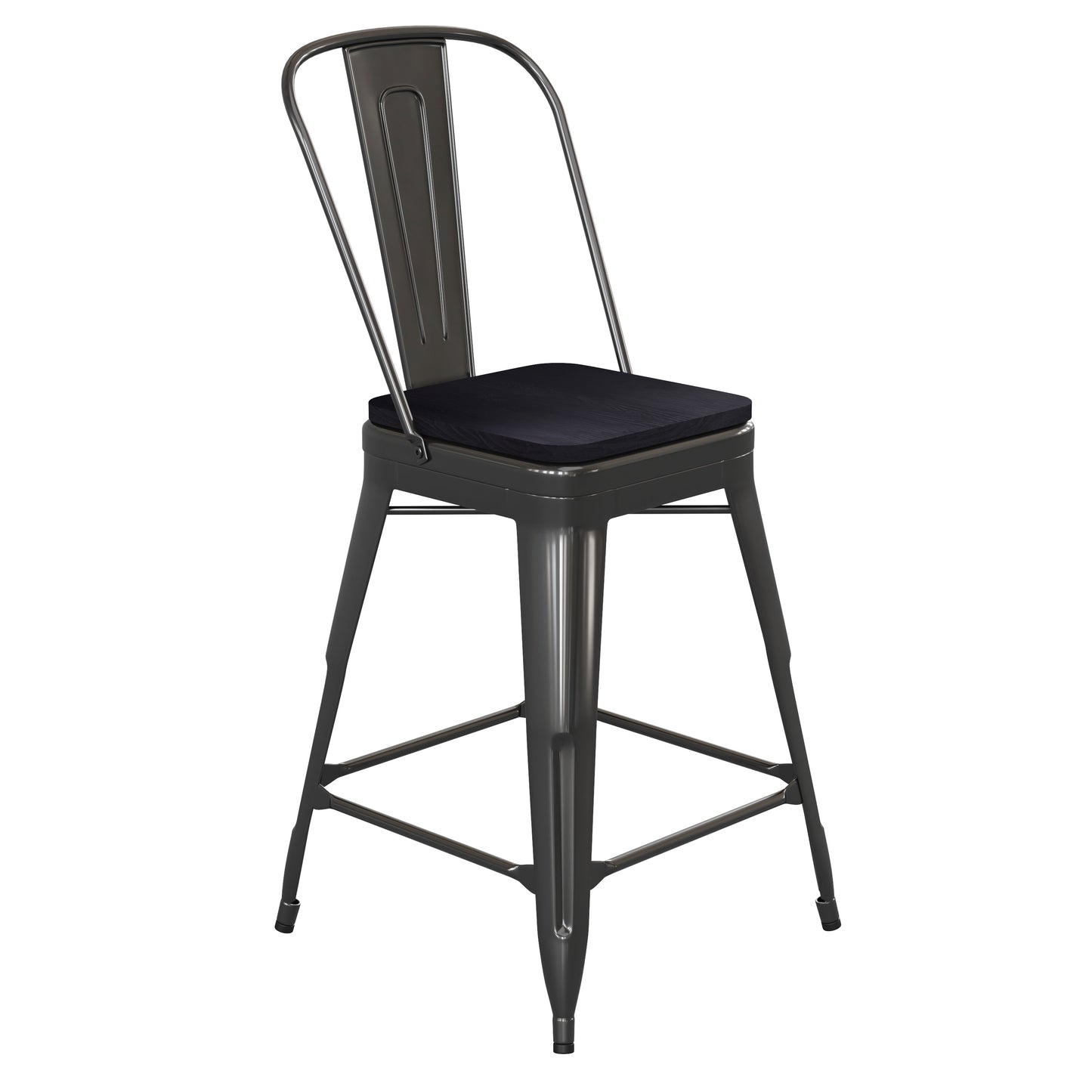 Kai Commercial Grade 24" High Black Metal Indoor-Outdoor Counter Height Stool with Removable Back and Black All-Weather Poly Resin Seat Black Seat/Black Frame