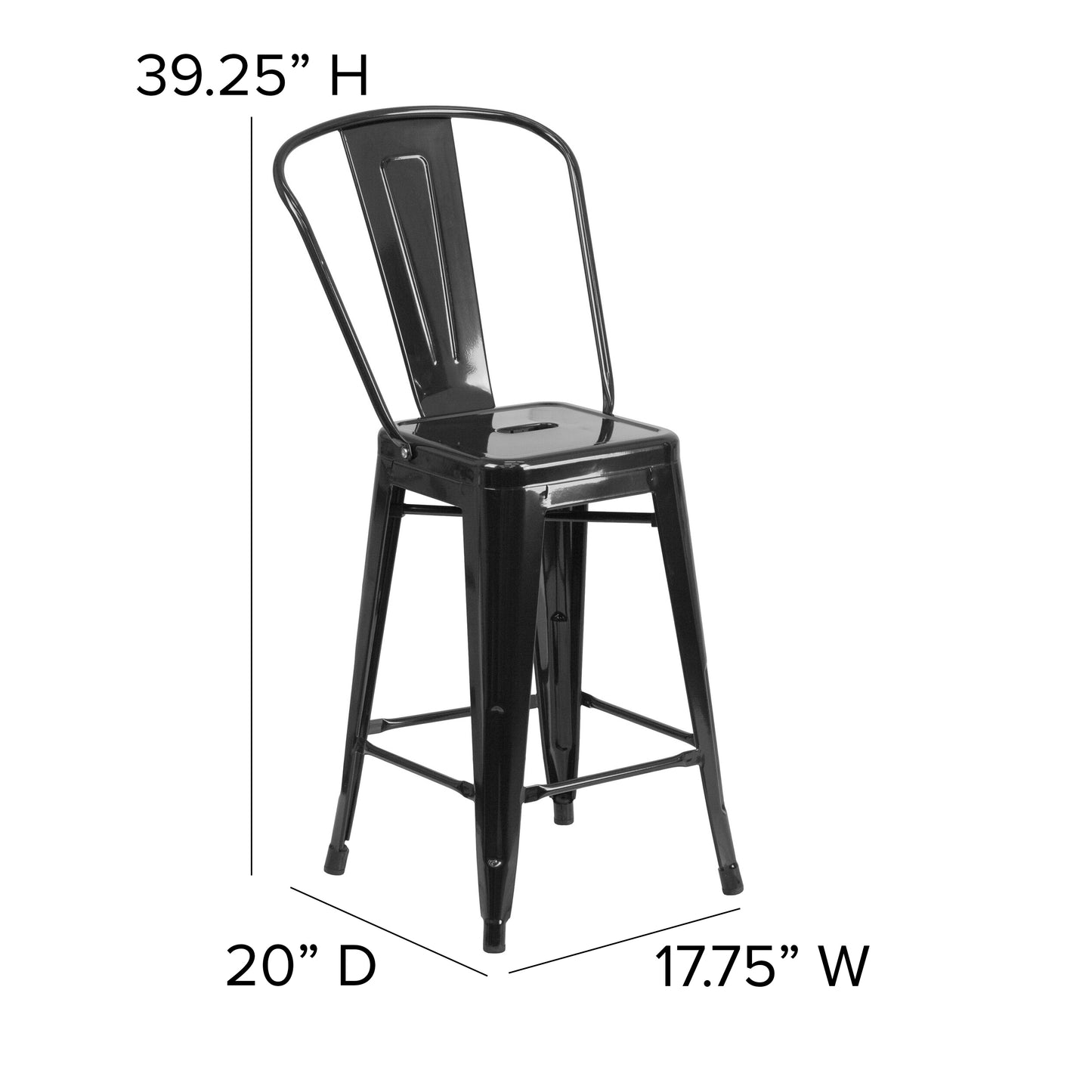 Kai Commercial Grade 24" High Black Metal Indoor-Outdoor Counter Height Stool with Removable Back and Black All-Weather Poly Resin Seat Black Seat/Black Frame