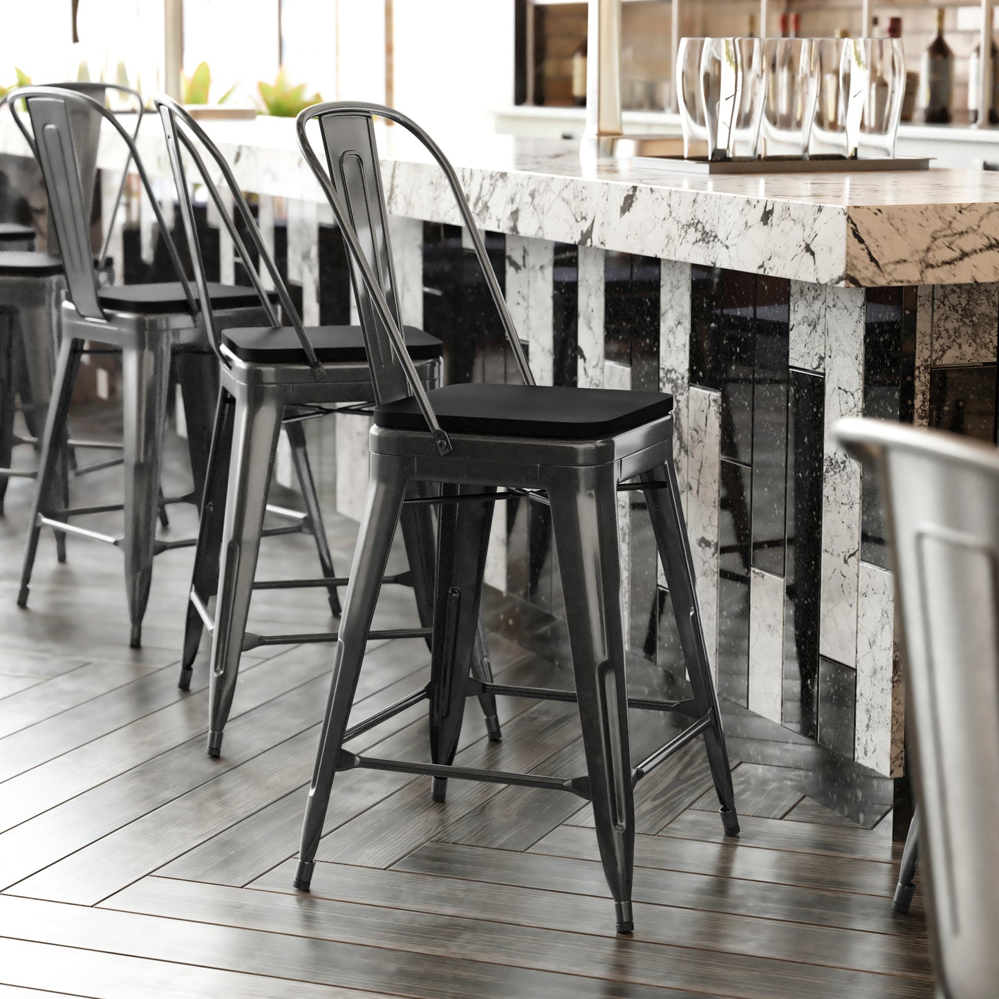 Kai Commercial Grade 24" High Black Metal Indoor-Outdoor Counter Height Stool with Removable Back and Black All-Weather Poly Resin Seat Black Seat/Black Frame
