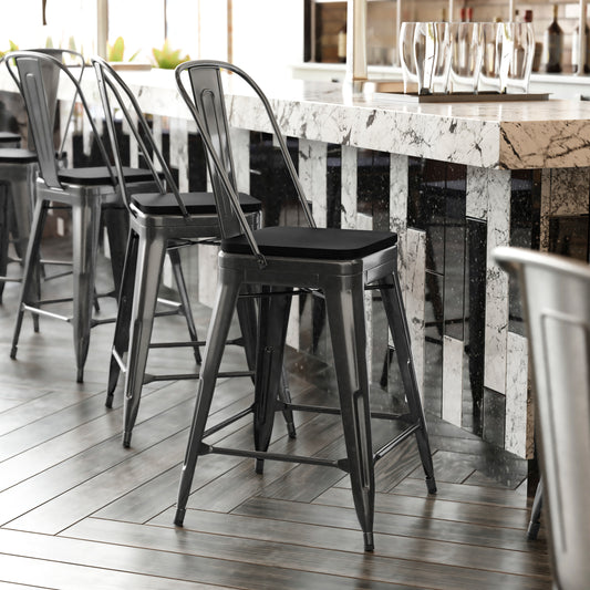 Kai Commercial Grade 24" High Black Metal Indoor-Outdoor Counter Height Stool with Removable Back and Black All-Weather Poly Resin Seat Black Seat/Black Frame