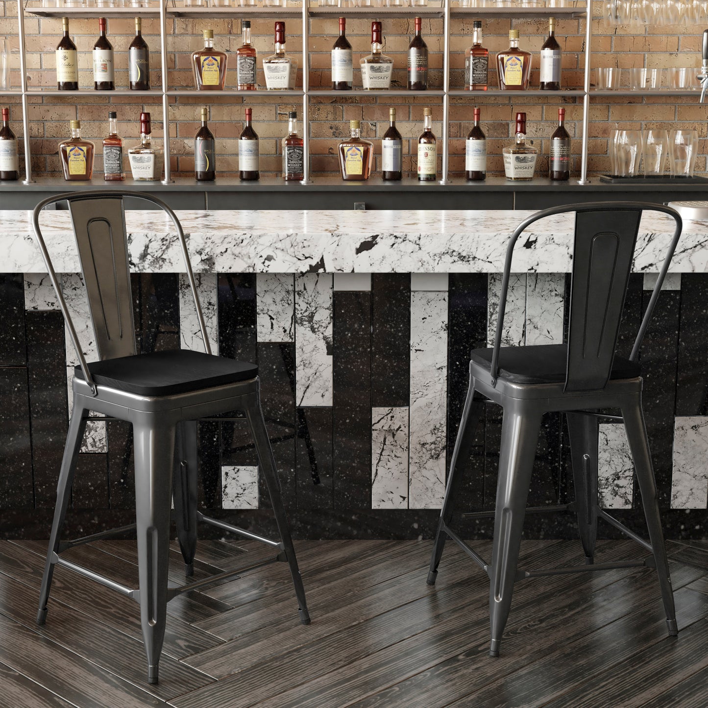 Kai Commercial Grade 24" High Black Metal Indoor-Outdoor Counter Height Stool with Removable Back and Black All-Weather Poly Resin Seat Black Seat/Black Frame