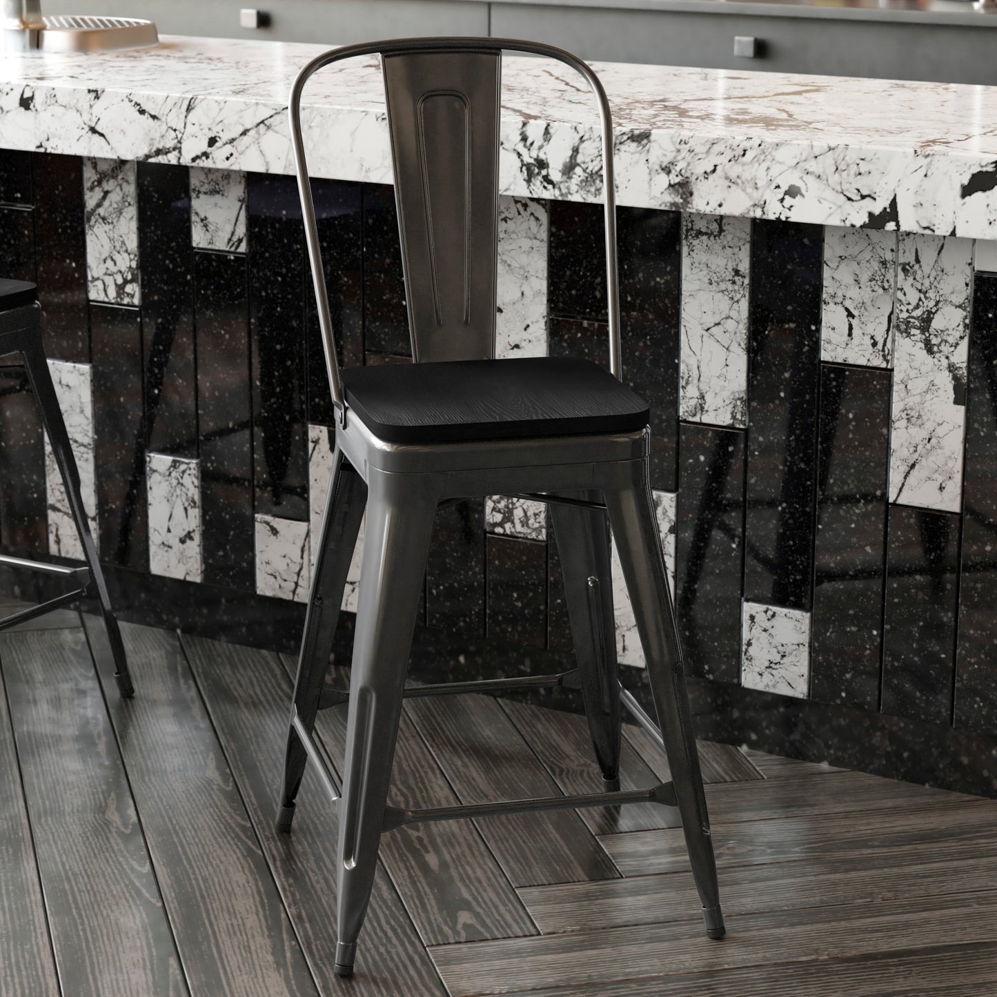 Kai Commercial Grade 24" High Black Metal Indoor-Outdoor Counter Height Stool with Removable Back and Black All-Weather Poly Resin Seat Black Seat/Black Frame
