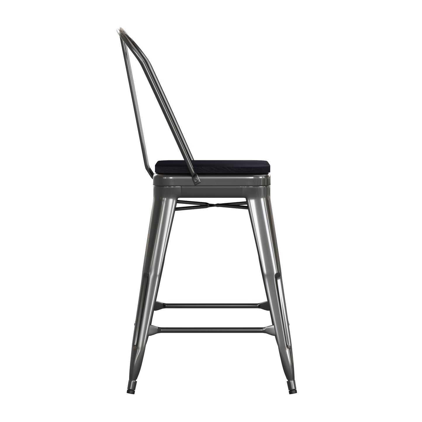 Kai Commercial Grade 24" High Black Metal Indoor-Outdoor Counter Height Stool with Removable Back and Black All-Weather Poly Resin Seat Black Seat/Black Frame