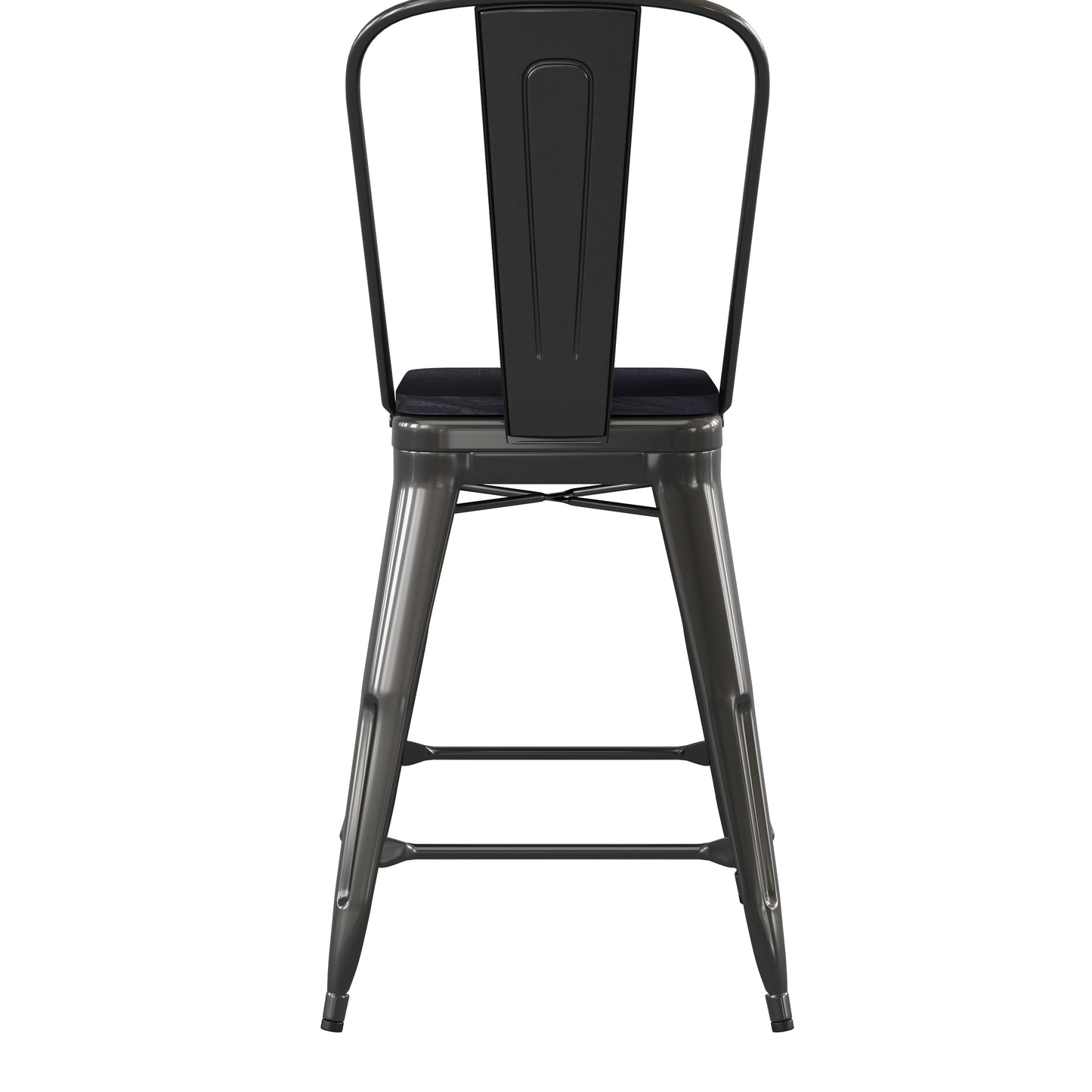 Kai Commercial Grade 24" High Black Metal Indoor-Outdoor Counter Height Stool with Removable Back and Black All-Weather Poly Resin Seat Black Seat/Black Frame